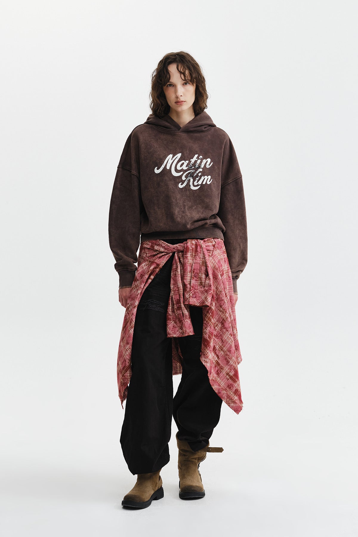 Matin Kim - Washed Calligraphy Logo Hoody Top (Brown) product image 10 | TRAB K-Fashion Australia