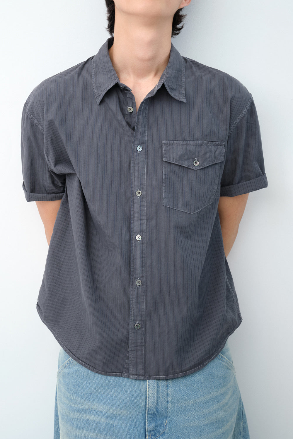 Hatchingroom - Crop Shirt Over Dyed Stripe (Blue Charcoal) product image 8 | TRAB K-Fashion Australia