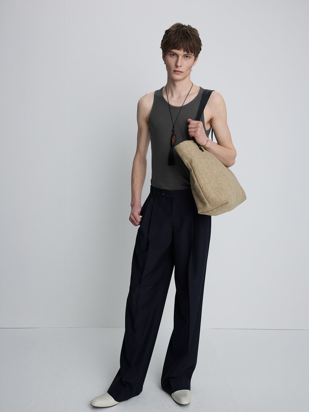 Tonywack - Silk Lyocell Rib Tank Top Japanese Fabric (Olive Charcoal) product image 4 | TRAB K-Fashion Australia