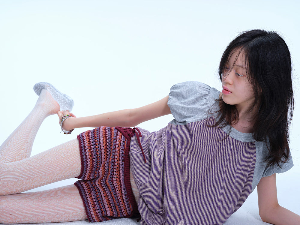 Coyseio - Striped Crochet Knit Shorts (Wine) product image 4 | TRAB K-Fashion Australia