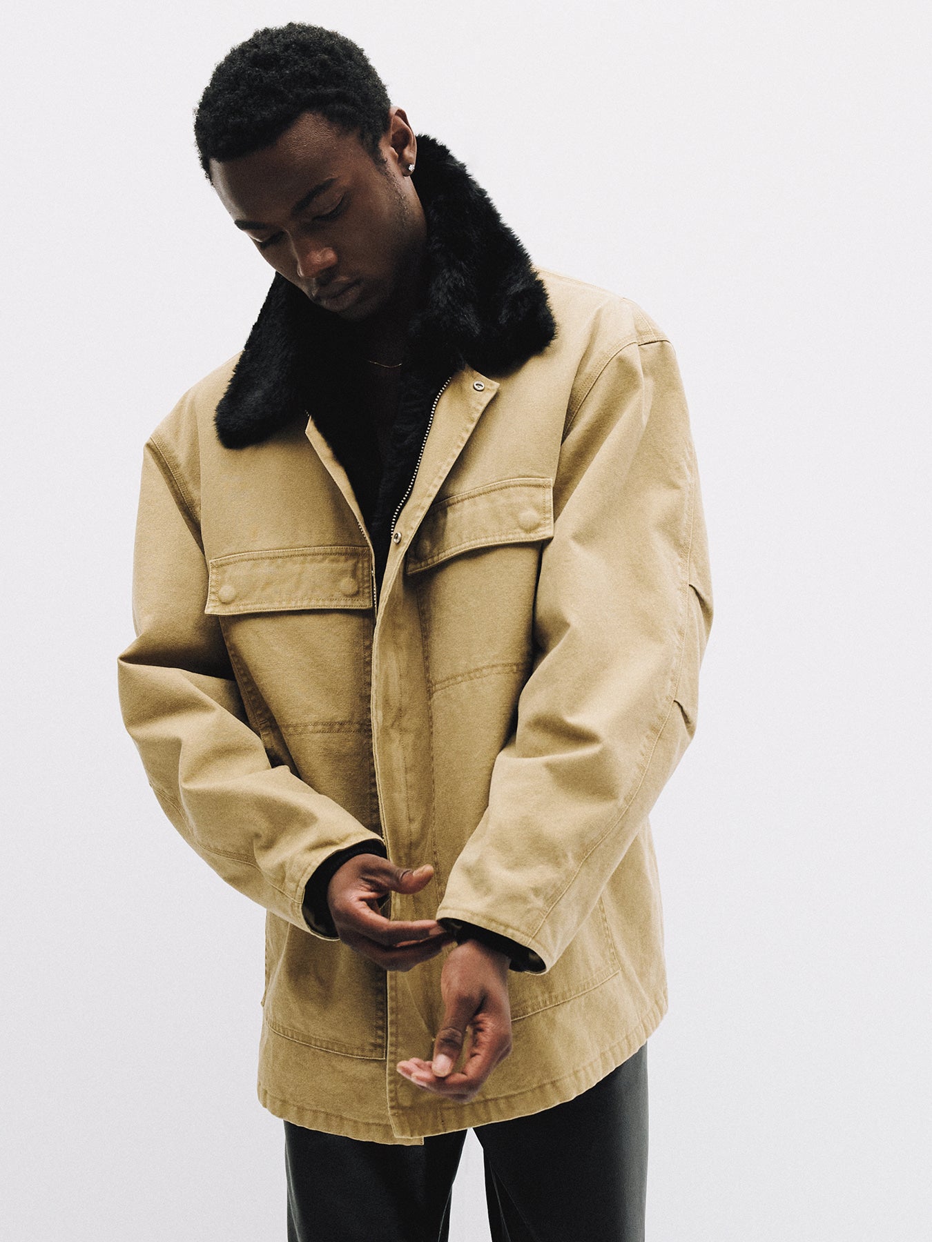 Tonywack - Fur Trimmed Garment Washed Chore Jacket (Beige) product image 8 | TRAB K-Fashion Australia