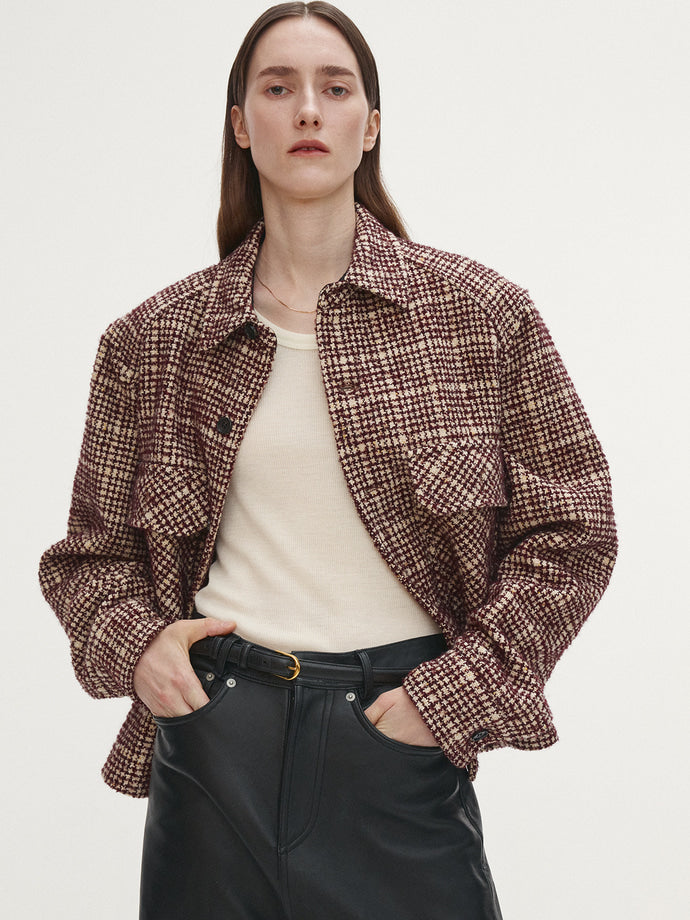 Tonywack - Checked Wool Tweed Shirt Jacket Italian Fabric (Burgundy/Ecru) product image 2 | TRAB K-Fashion Australia