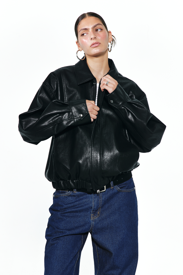Deinet - Faux-Leather Bomber Banded Jumper (Black) product image 10 | TRAB K-Fashion Australia