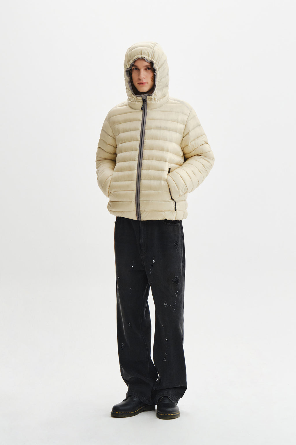 Matin Kim - Contrast Trim Light Down Hoody Jumper (Light Beige) product image 13 | TRAB K-Fashion Australia