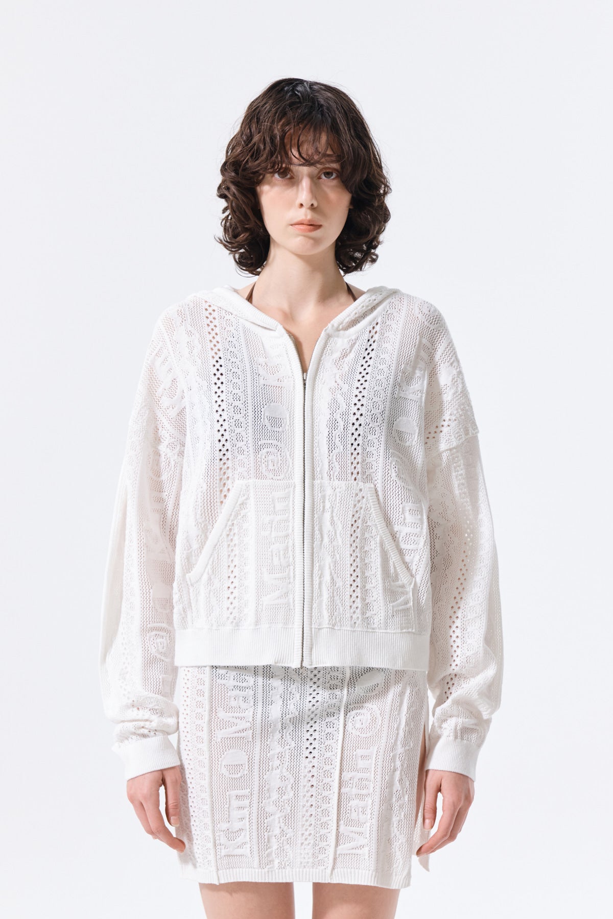 Matin Kim - Mesh Logo Knit Hoody Zip Up (White) product image 13 | TRAB K-Fashion Australia