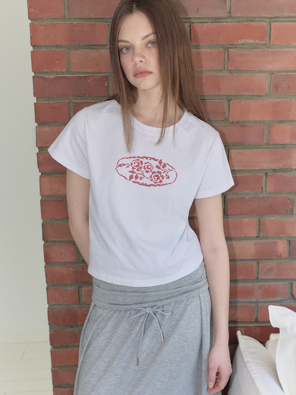 Margarin Fingers - Rose Cross Stitch T-Shirt (White) product image 1 | TRAB K-Fashion Australia