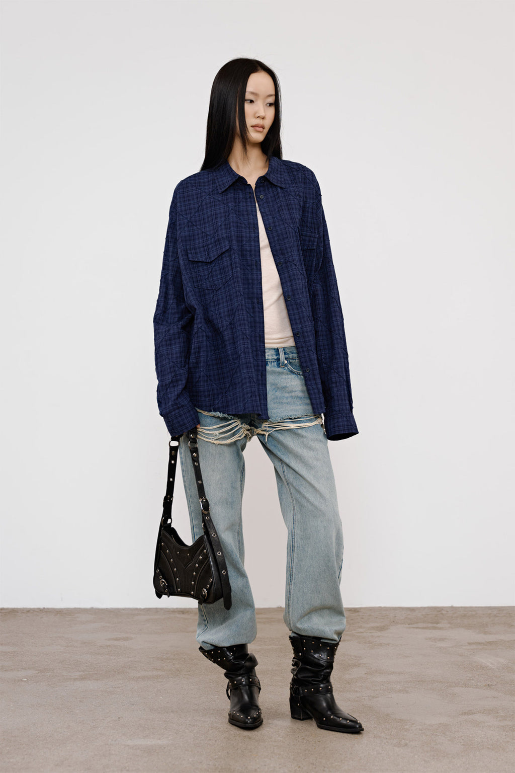 Deinet - Double Checkered Overfit Shirt (Navy) product image 6 | TRAB K-Fashion Australia