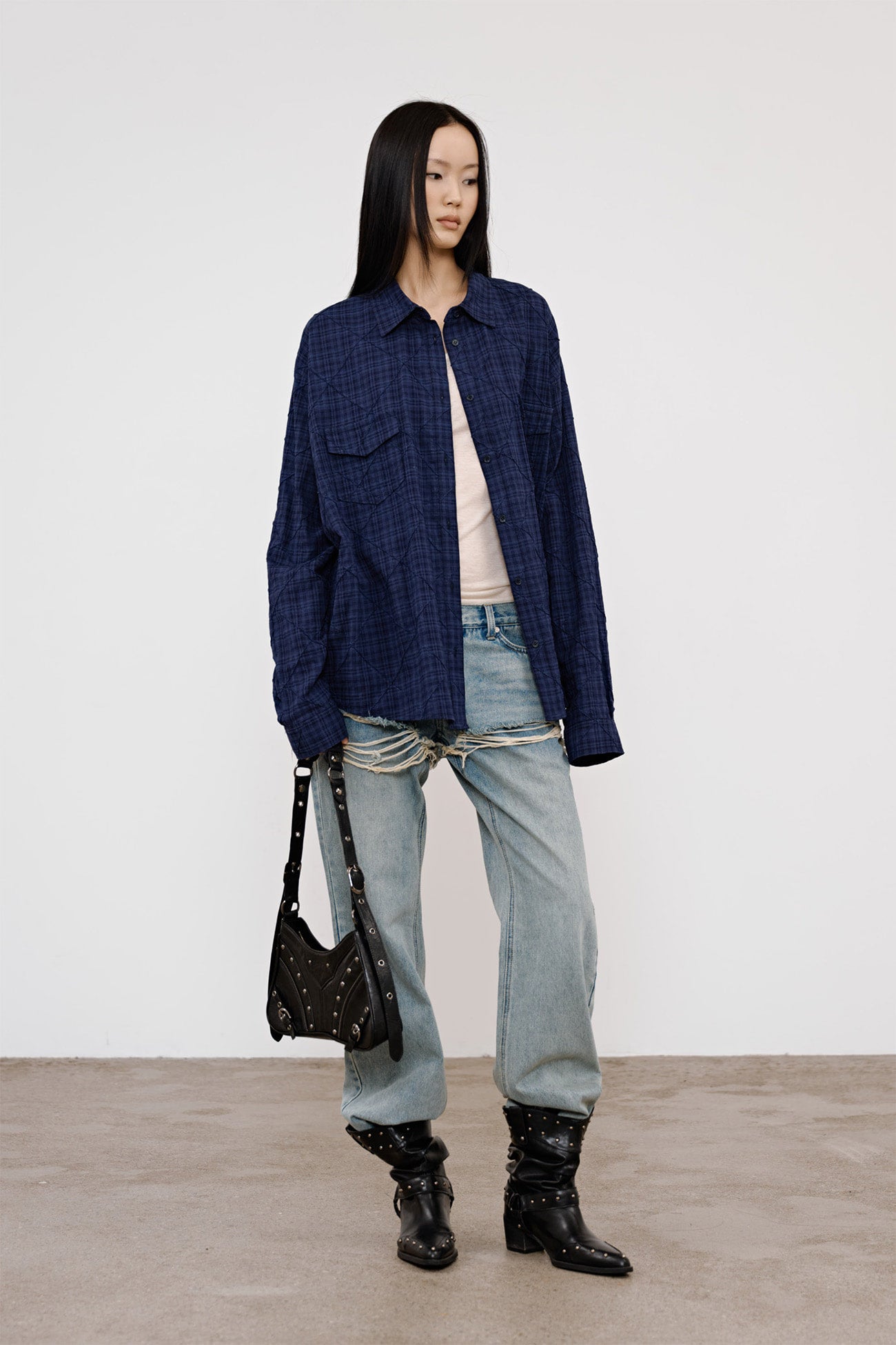 Deinet - Double Checkered Overfit Shirt (Navy) product image 6 | TRAB K-Fashion Australia