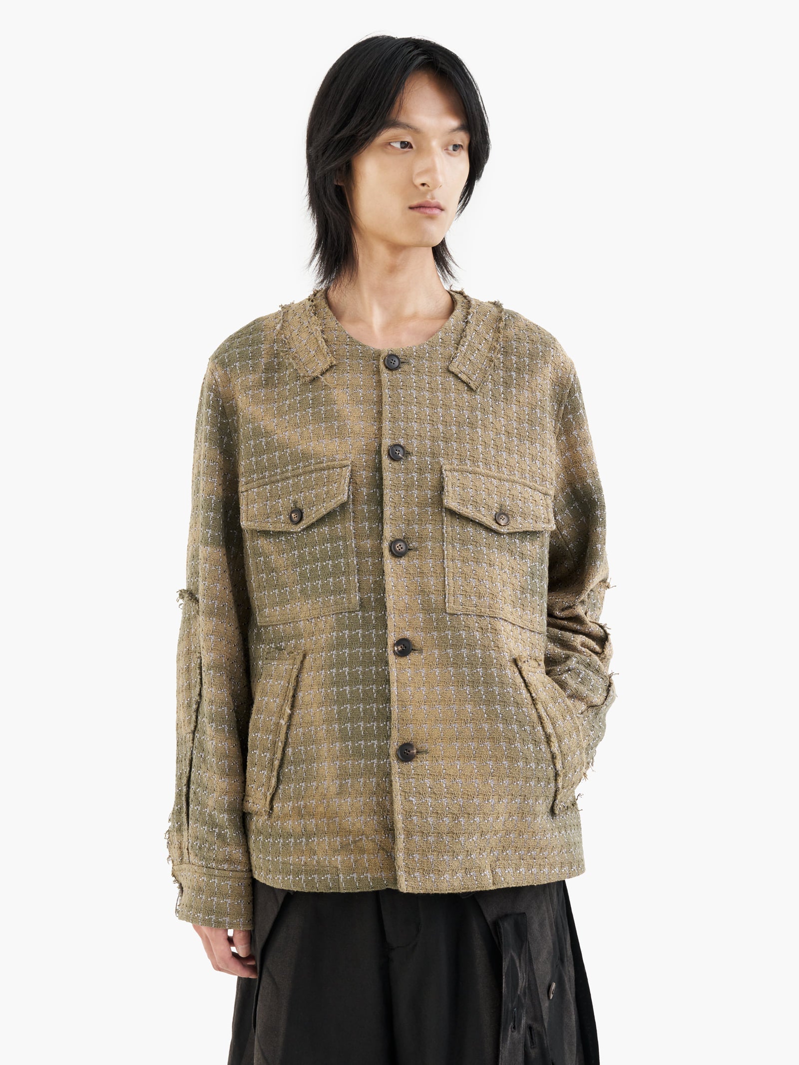 Jiyong Kim - Sun-Bleached Collarless Tweed Jacket (Green) product image 2 | TRAB K-Fashion Australia