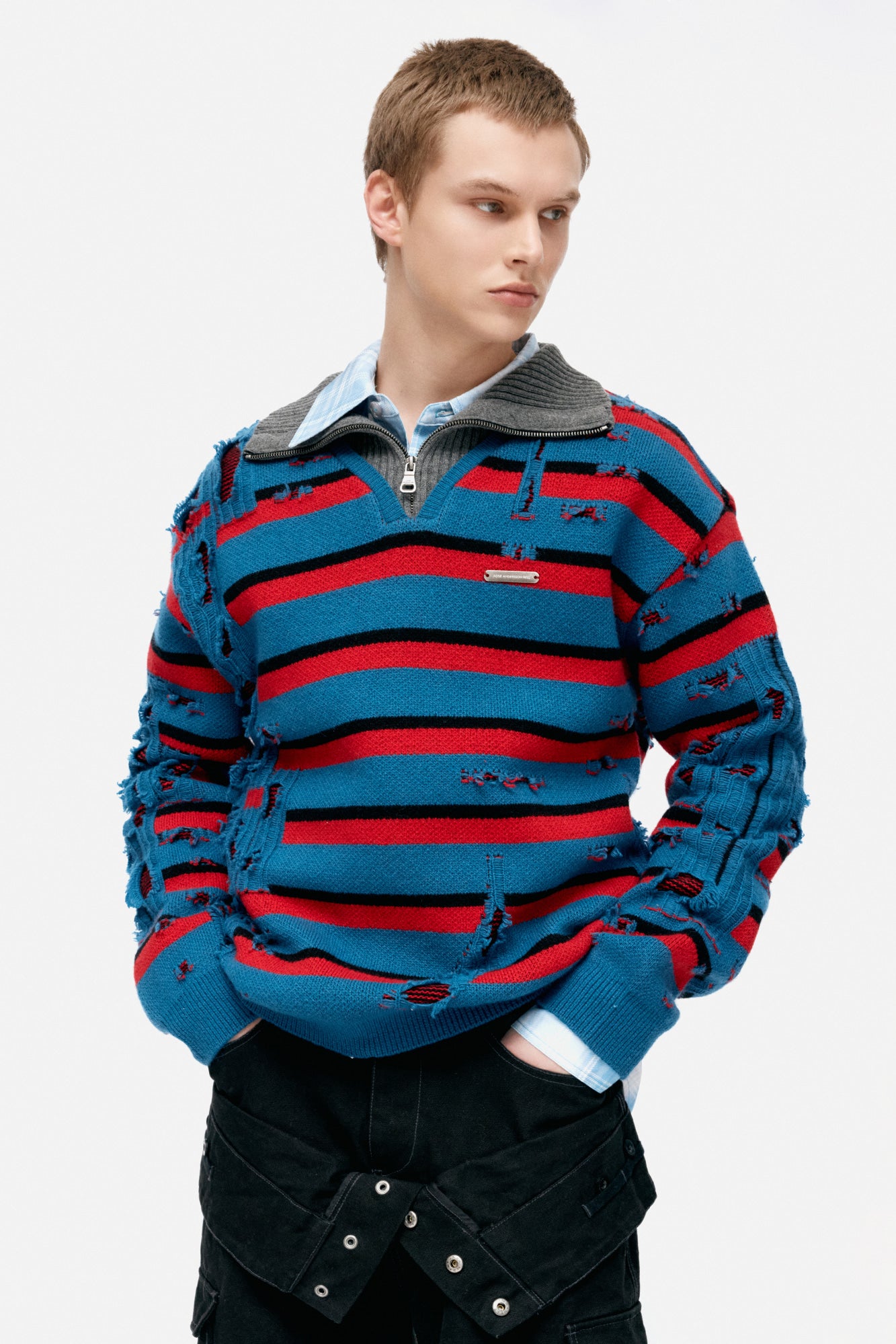 Andersson Bell - Stripe Jacquard Half Zip-Up Sweater (Blue/Red) product image 3 | TRAB K-Fashion Australia