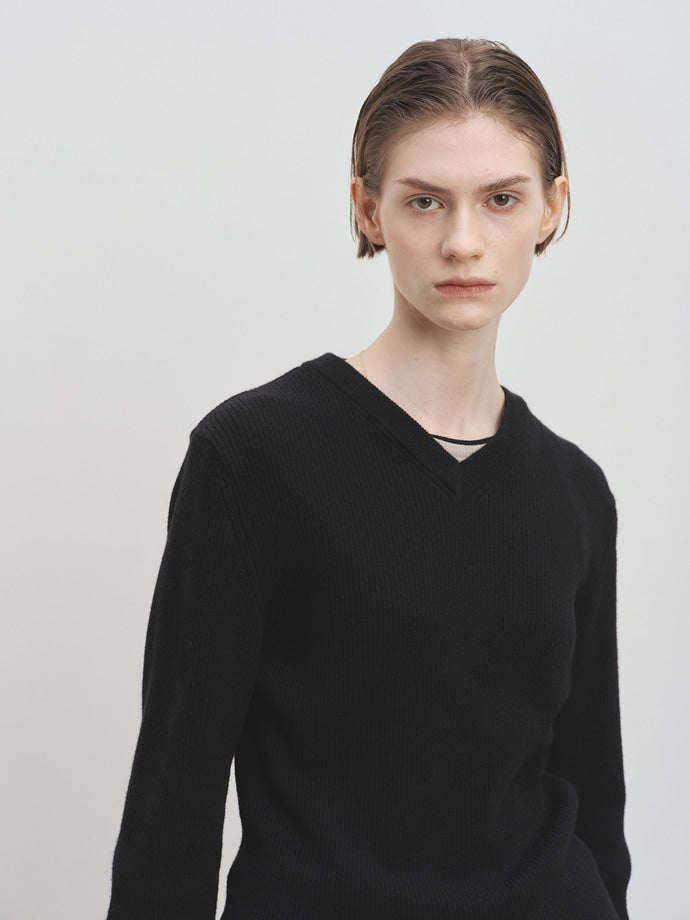 Tonywack - Super Fine Wool Ribbed V-Neck Sweater (Black) product image 1 | TRAB K-Fashion Australia