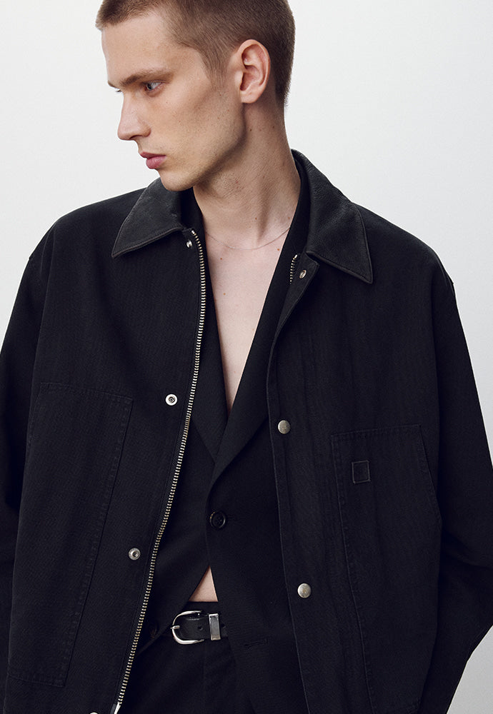 Tonywack - Leather Collar Garment-Washed Chore Jacket (Faded Black) product image 5 | TRAB K-Fashion Australia