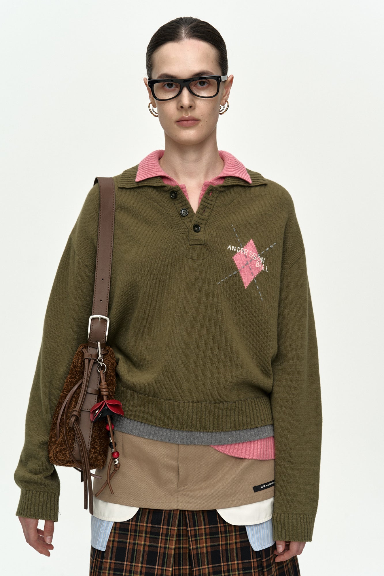 Andersson Bell - Double Collar Argyle Logo Sweater (Khaki/Pink) product image 9 | TRAB K-Fashion Australia