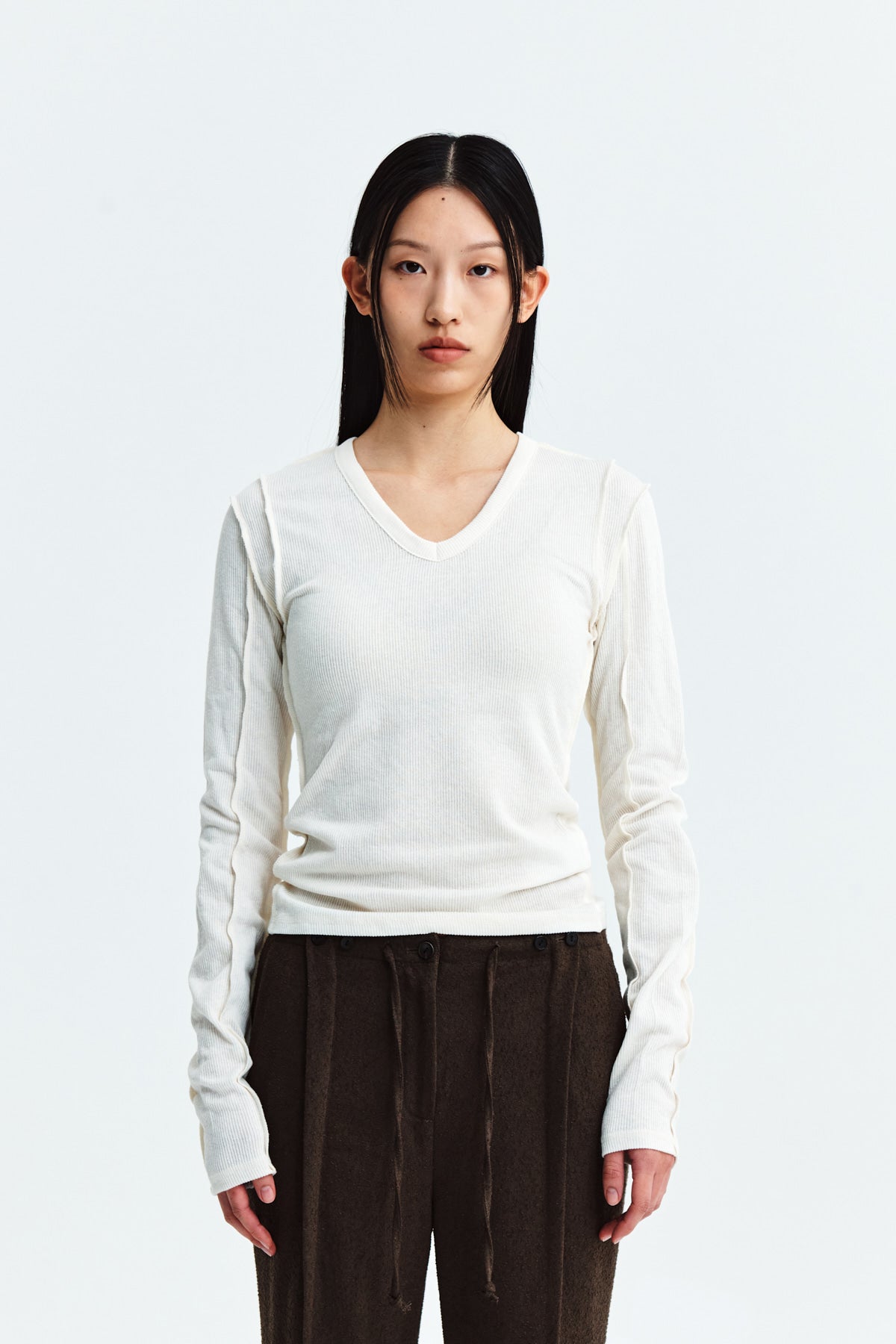 Matin Kim - Stitch V Neck Slim Long Sleeve (Ivory) product image 11 | TRAB K-Fashion Australia