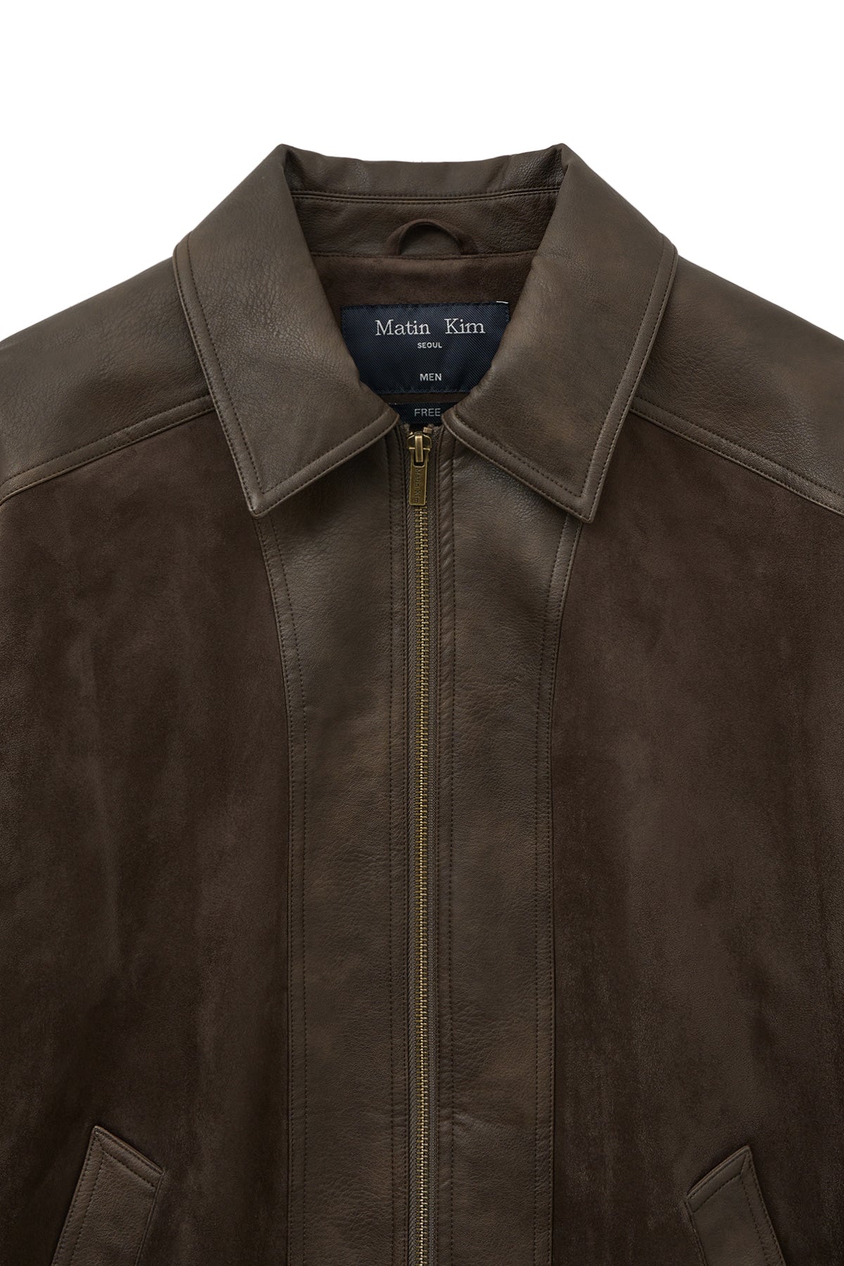 Matin Kim - Suede Mix Leather Zip Up Jumper (Brown) product image 3 | TRAB K-Fashion Australia