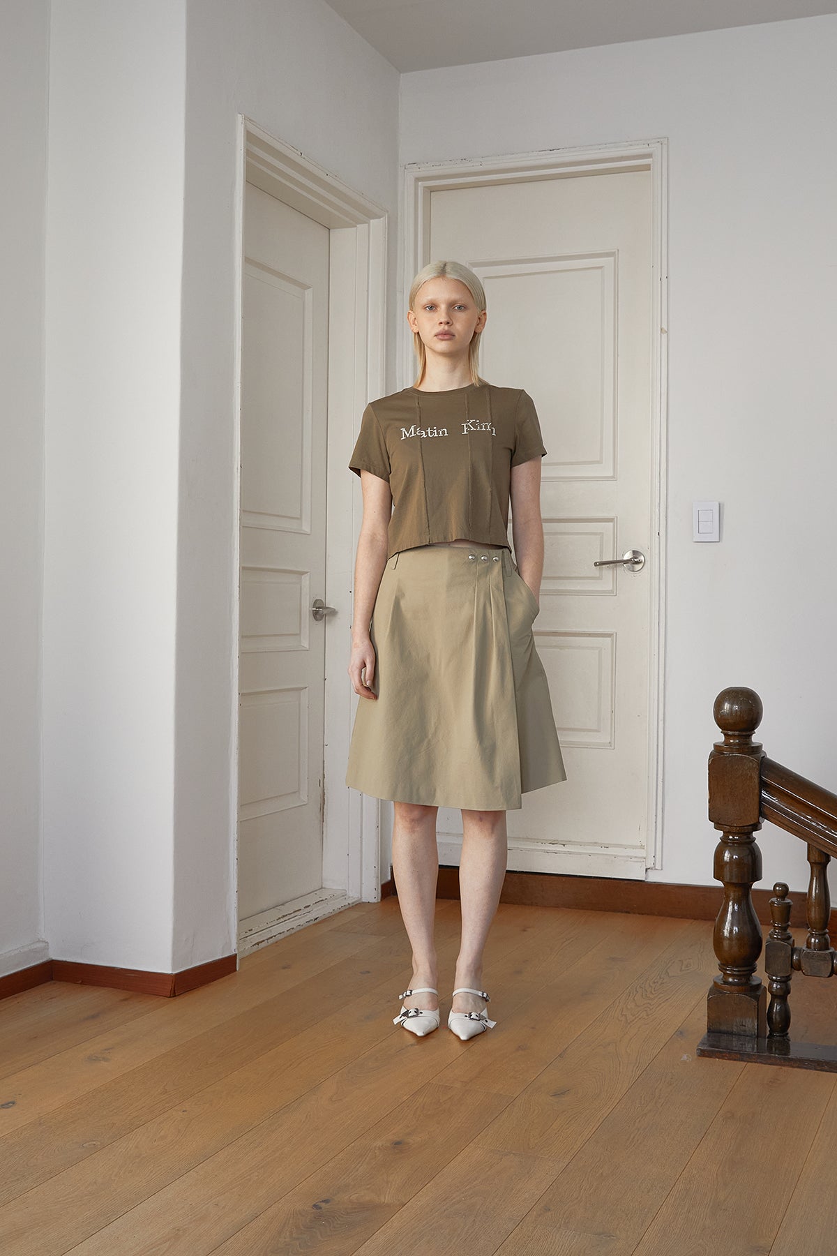 Matin Kim - Unbalance Typo Logo Crop Top (Khaki) product image 5 | TRAB K-Fashion Australia