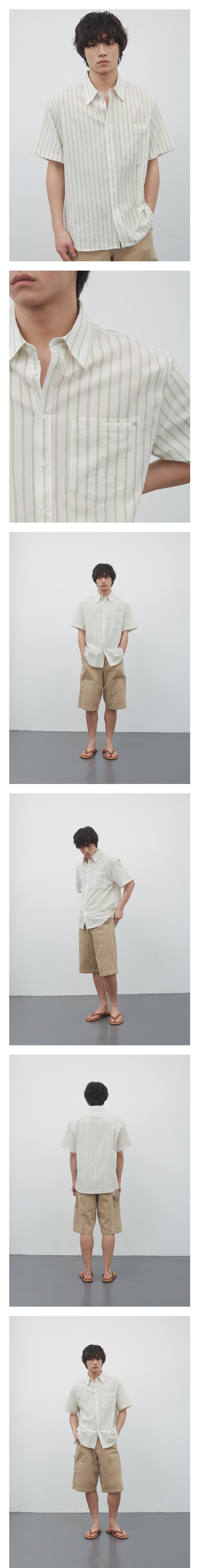 Kijun - Textured Cotton Stripe Half-Sleeve Shirt (Light Green) product image 1 | TRAB K-Fashion Australia