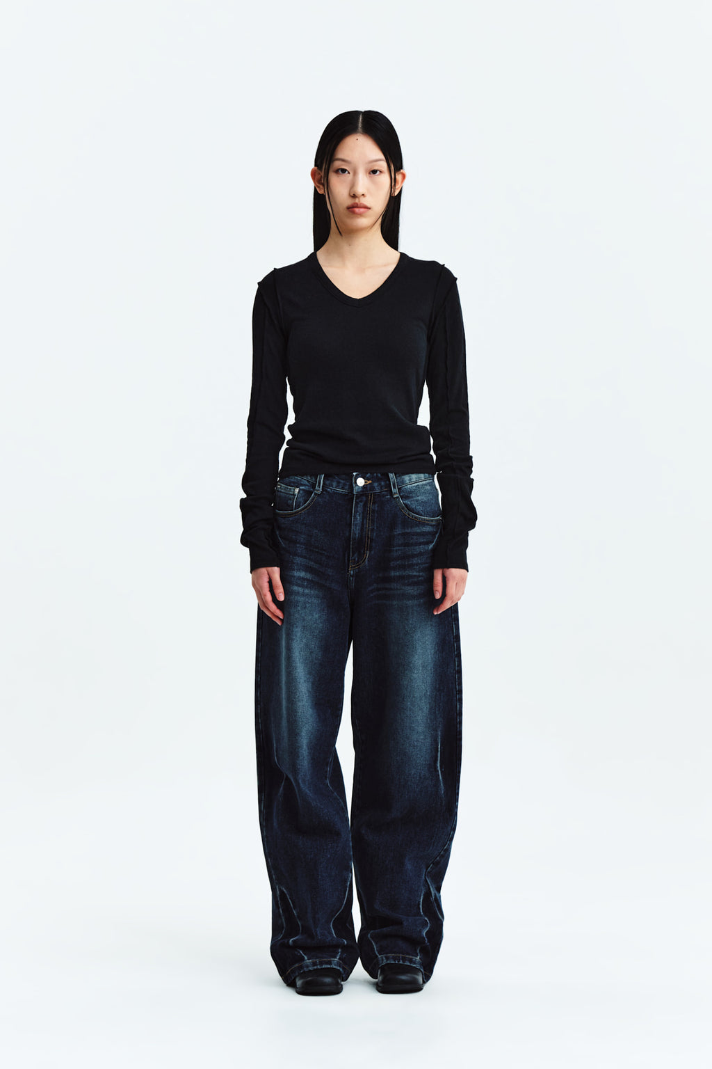 Matin Kim - Stitch V Neck Slim Long Sleeve (Black) product image 6 | TRAB K-Fashion Australia