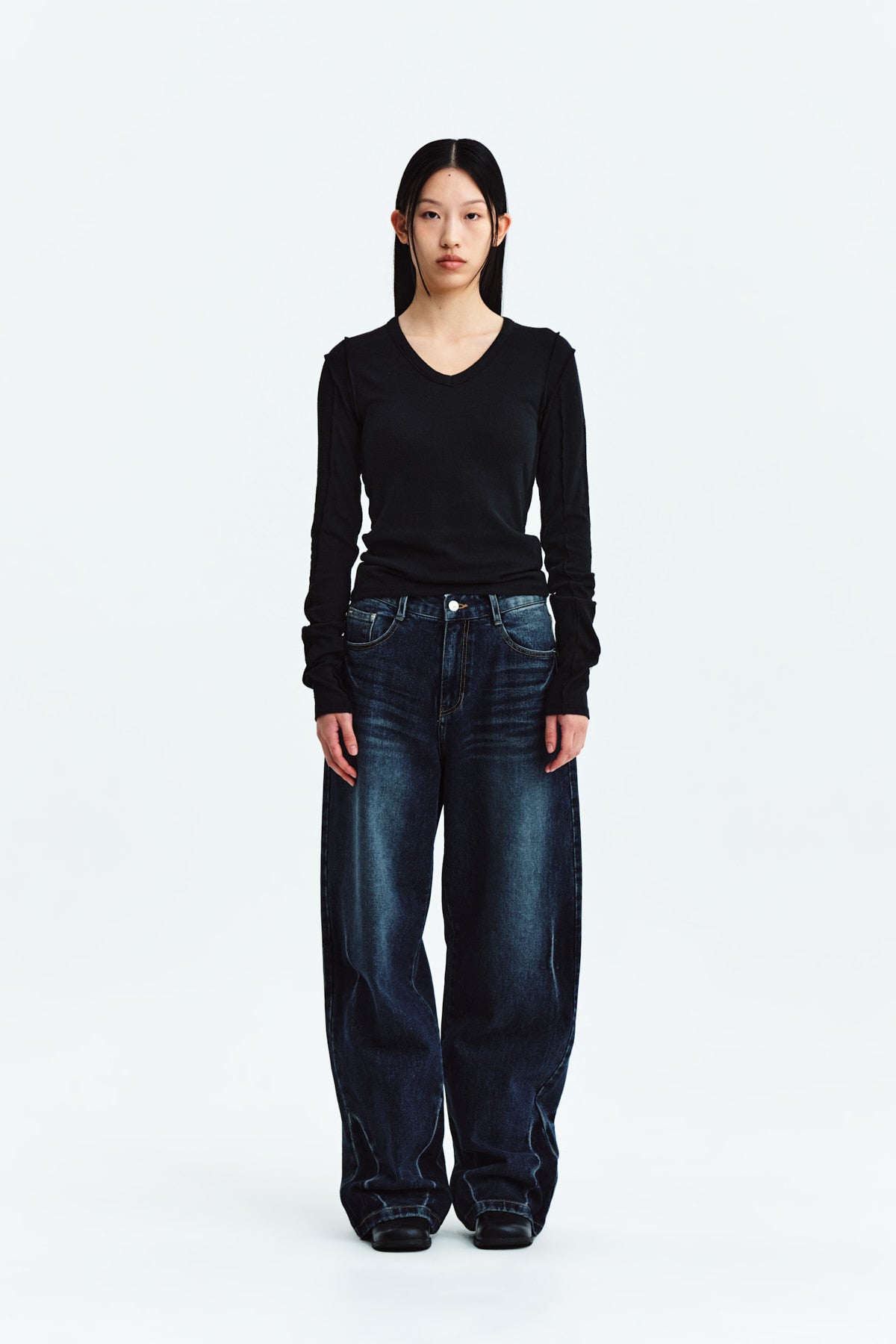 Matin Kim - Stitch V Neck Slim Long Sleeve (Black) product image 6 | TRAB K-Fashion Australia