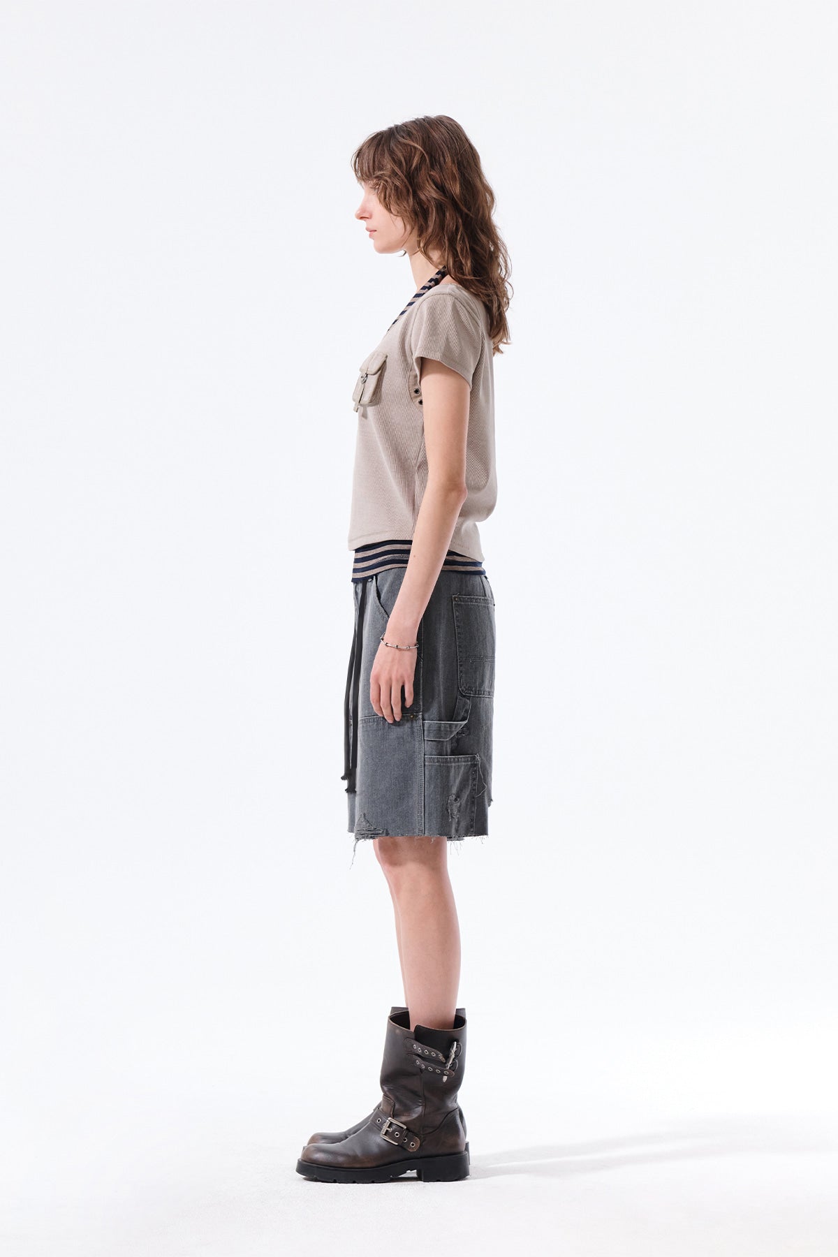 Matin Kim - Heringbone Raw Cut Denim Shorts (Grey) product image 8 | TRAB K-Fashion Australia