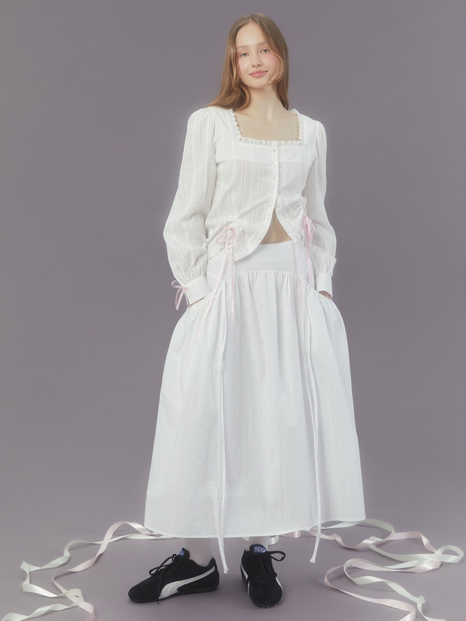 Margarin Fingers - Shirring Pocket Long Skirt (White) product image 1 | TRAB K-Fashion Australia