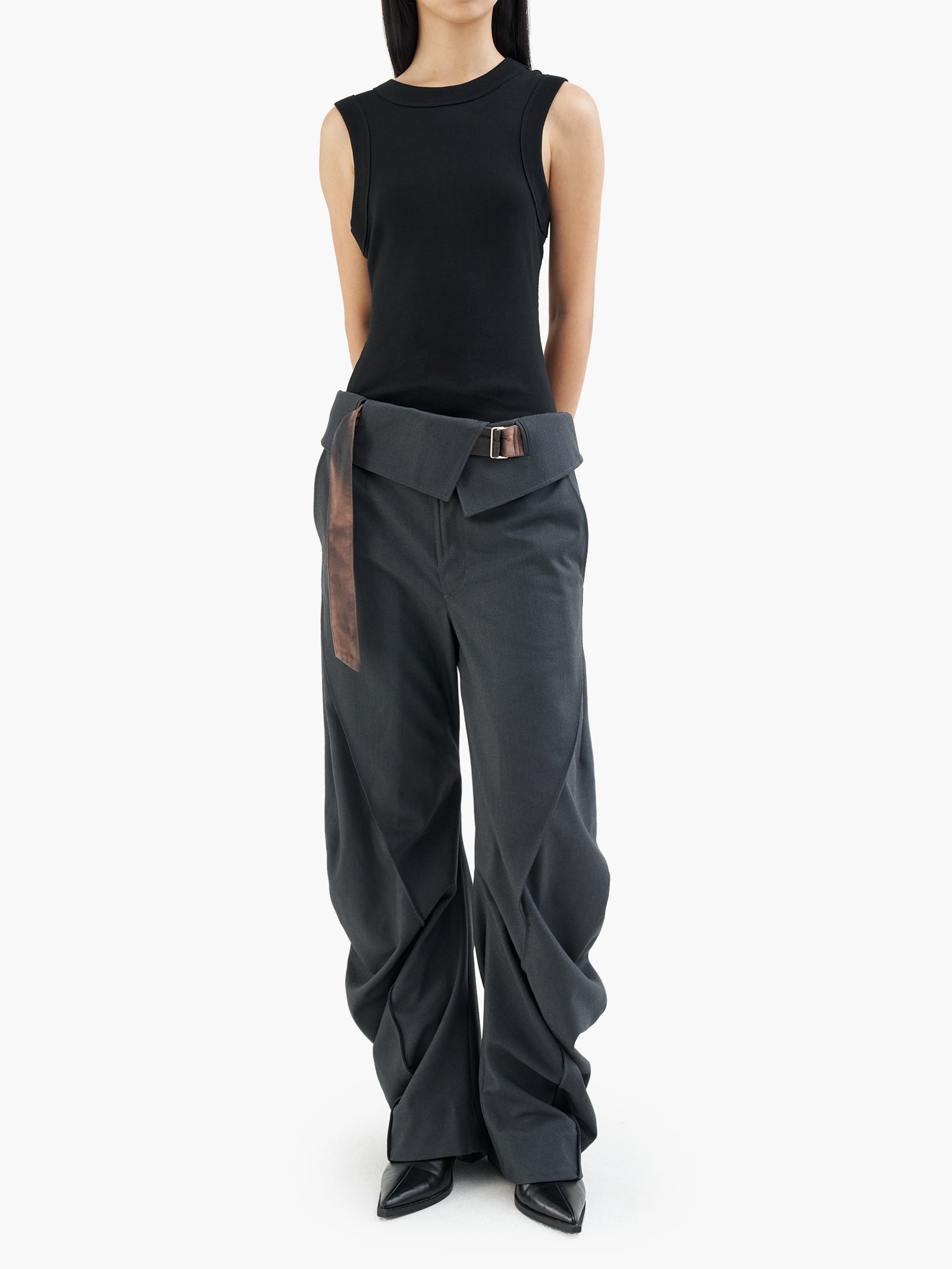 Jiyong Kim - Sun-Bleached Curved Trousers (Dark Grey) product image 2 | TRAB K-Fashion Australia