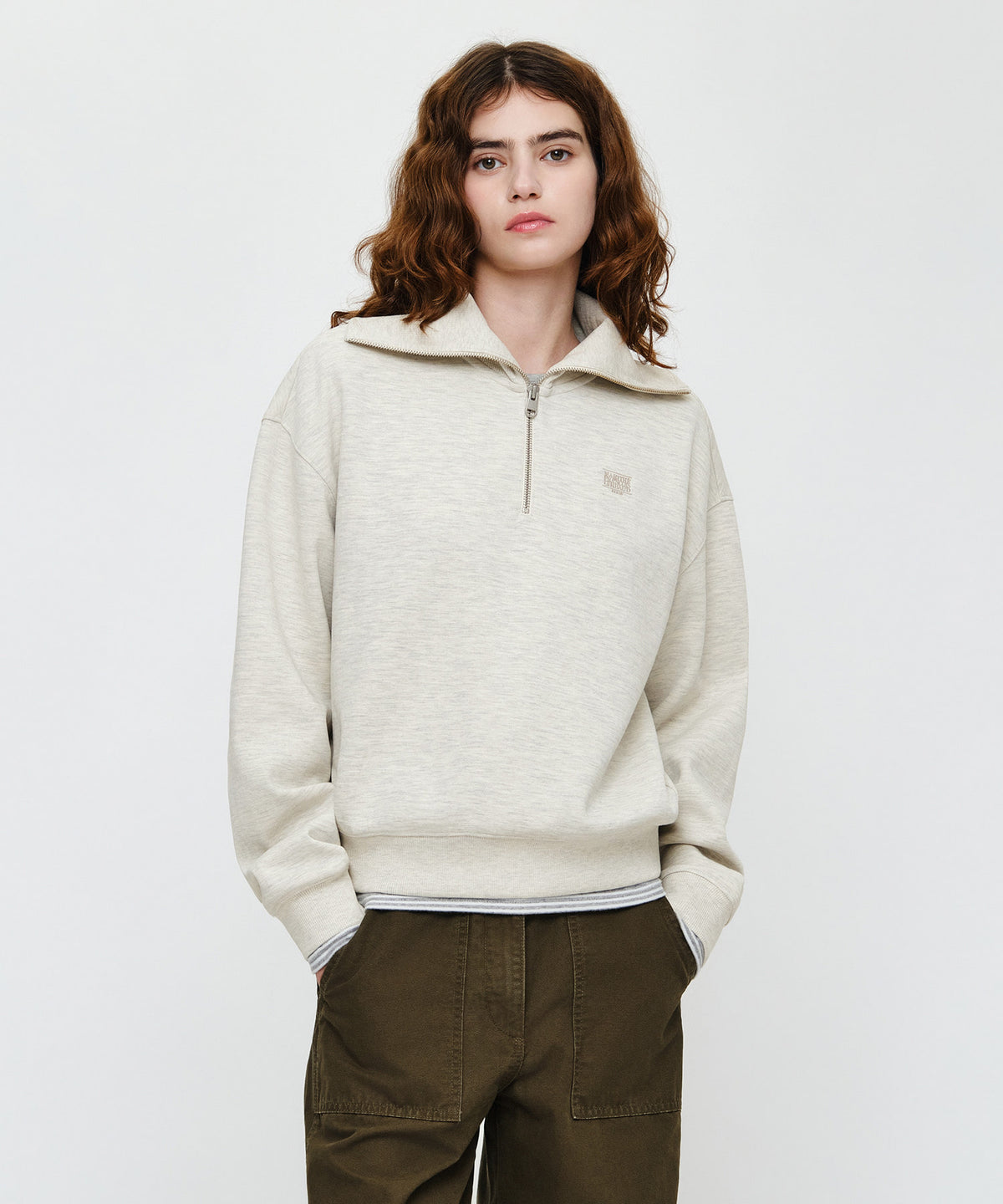 Marithe & Francois Girbaud - Micro Classic Logo Quarter Zipup Sweatshirt (Oatmeal) product image 1 | TRAB K-Fashion Australia