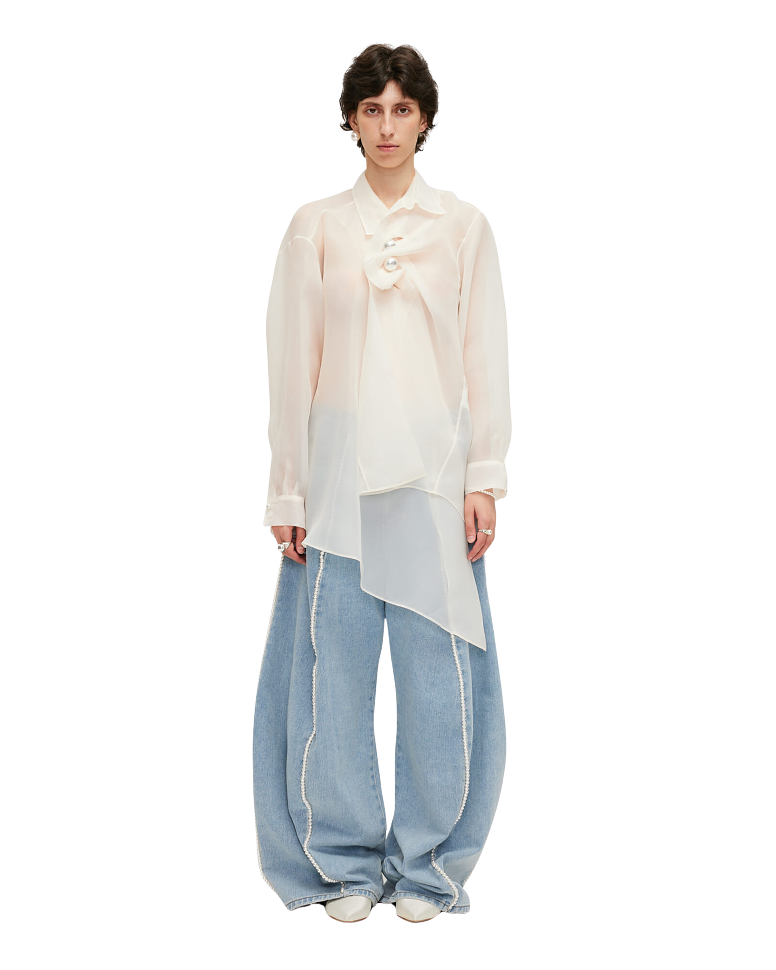 Kimhe Kim - Pearl Buttons Organza Draped Shirt (Ivory) product image 1 | TRAB K-Fashion Australia