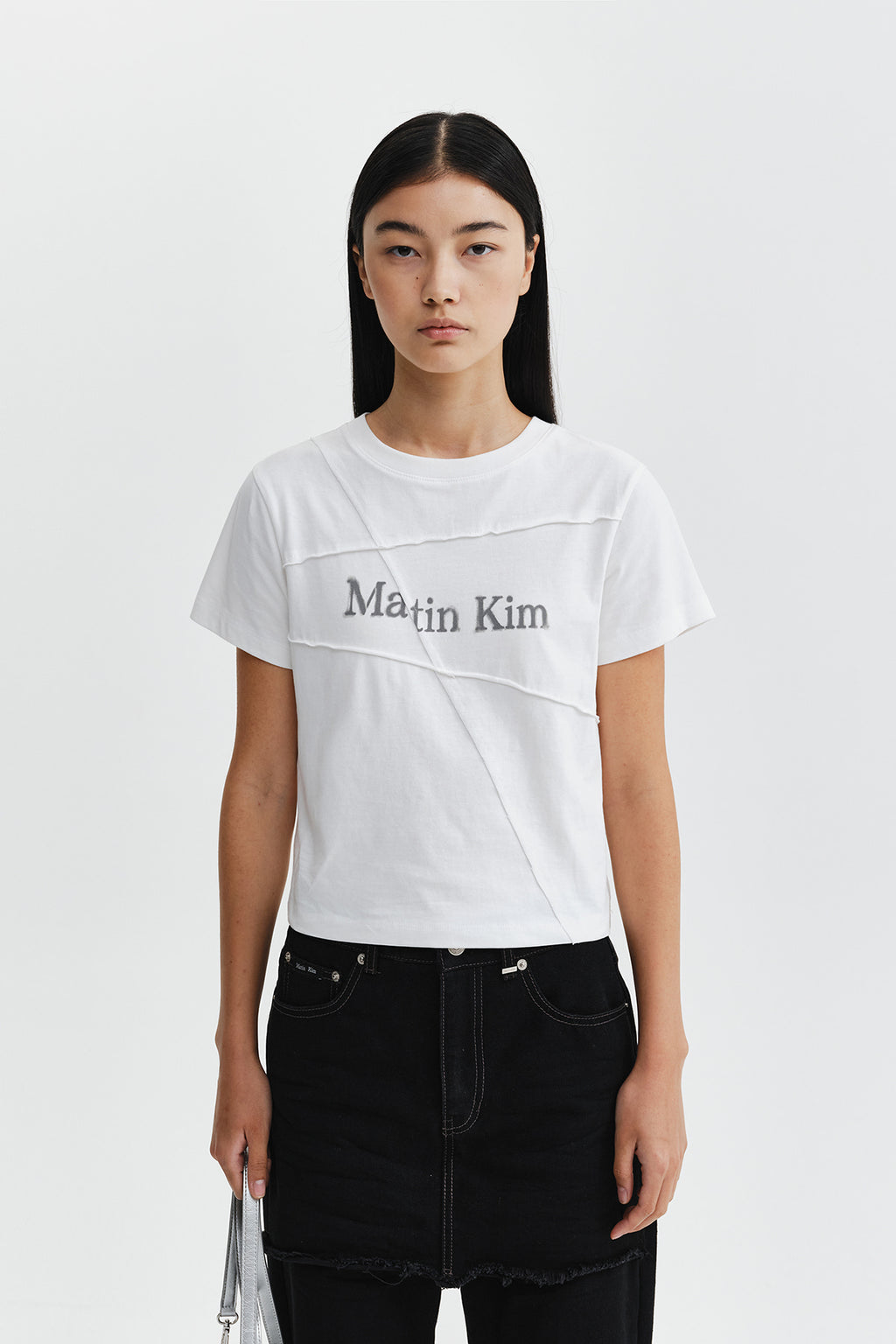 Matin Kim - Diagonal Cut Logo Crop Top (White) product image 6 | TRAB K-Fashion Australia