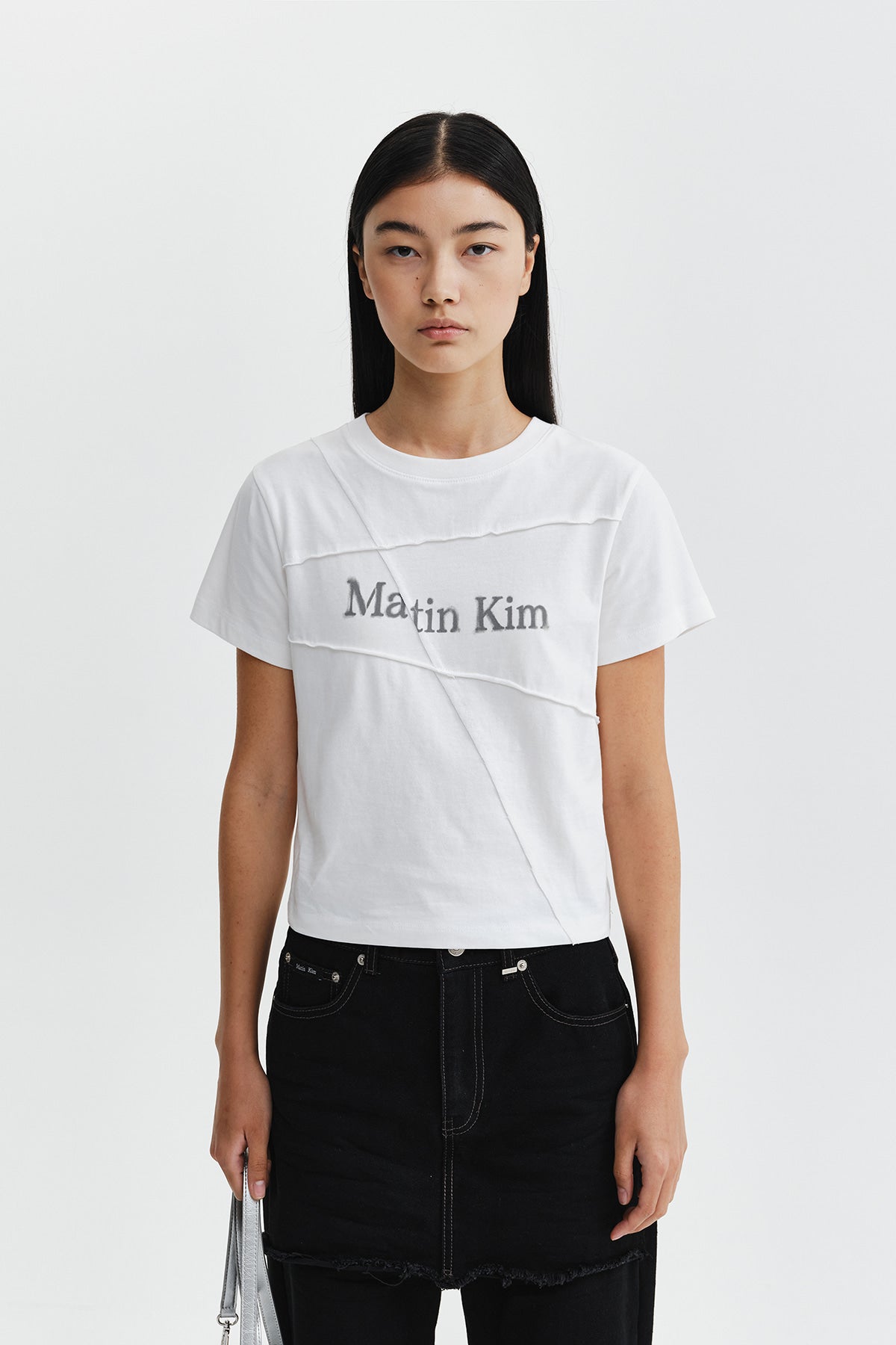 Matin Kim - Diagonal Cut Logo Crop Top (White) product image 6 | TRAB K-Fashion Australia