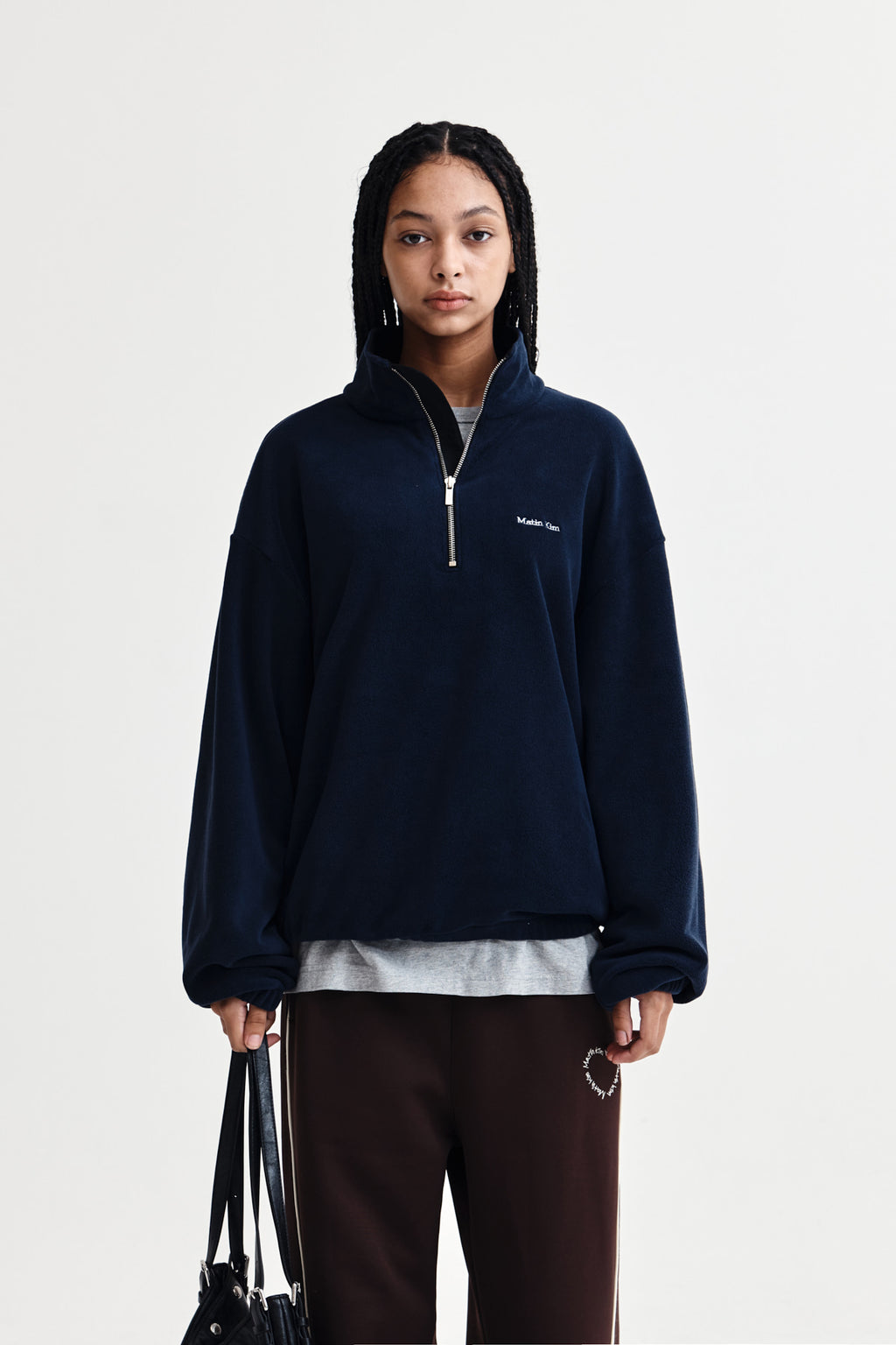 Matin Kim - Sherpa Fleece Half Zip Up Top (Navy) product image 1 | TRAB K-Fashion Australia