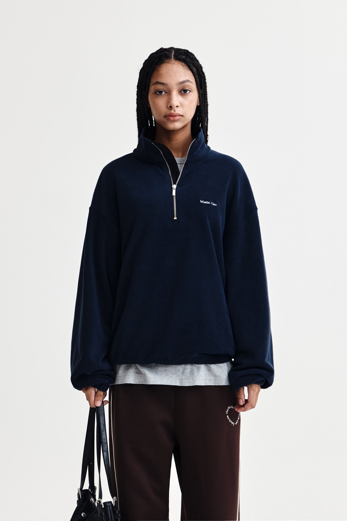 Matin Kim - Sherpa Fleece Half Zip Up Top (Navy) product image 1 | TRAB K-Fashion Australia