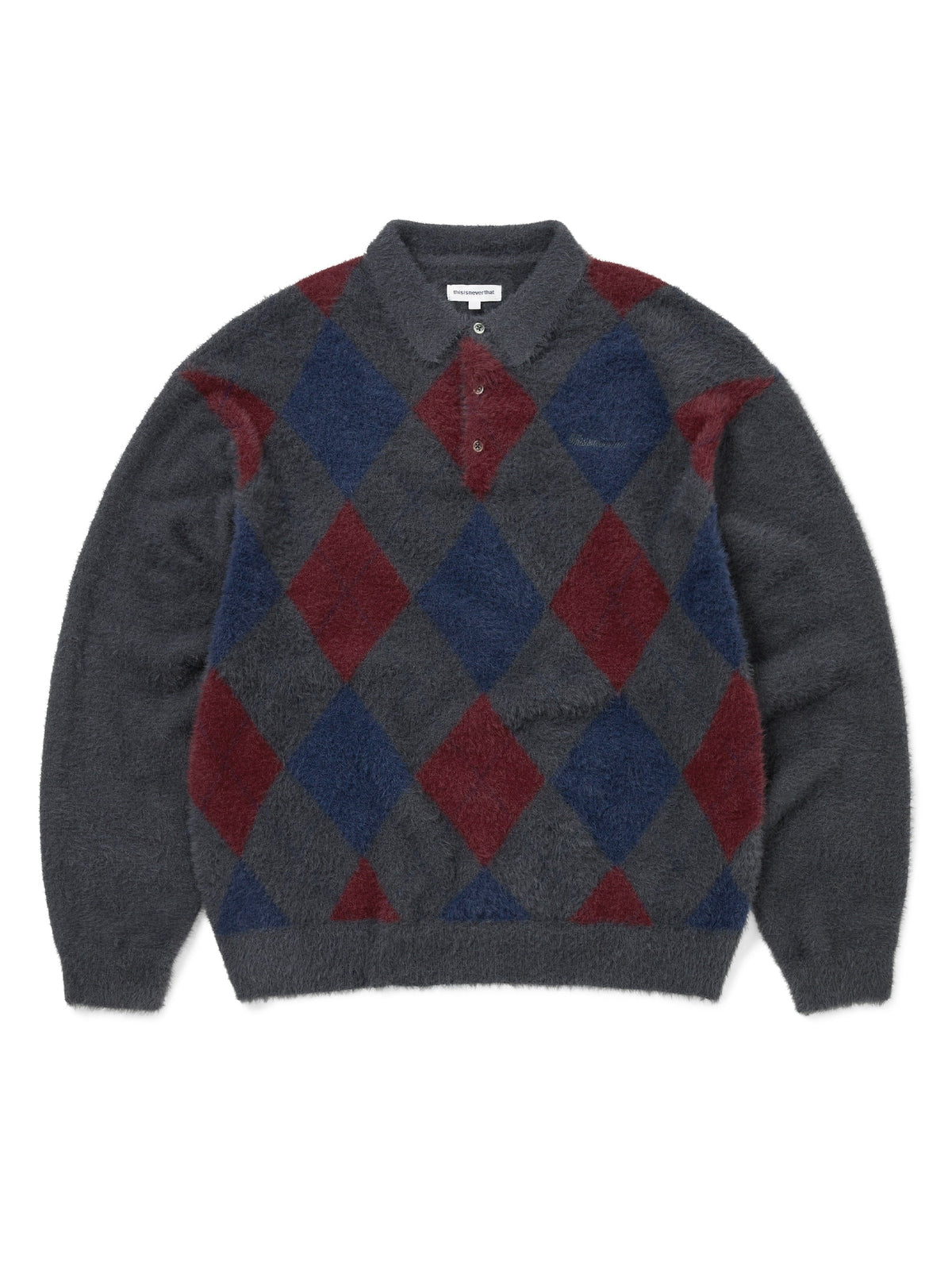 thisisneverthat - Argyle Shaggy Knit Polo (Charcoal) product image 1 | TRAB K-Fashion Australia