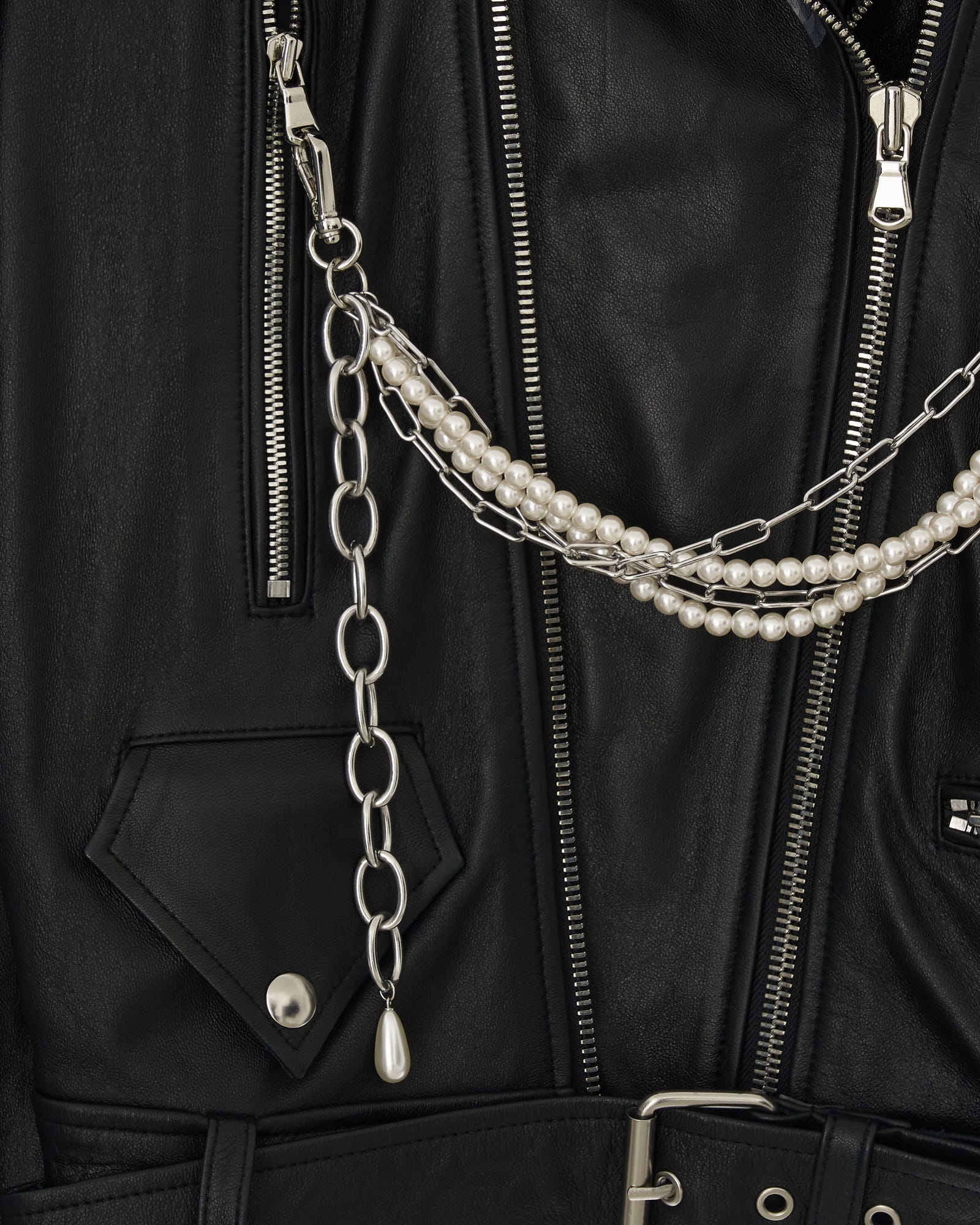 Kimhe Kim - Detachable Pearl Chain Leather Jacket (Black) product image 8 | TRAB K-Fashion Australia