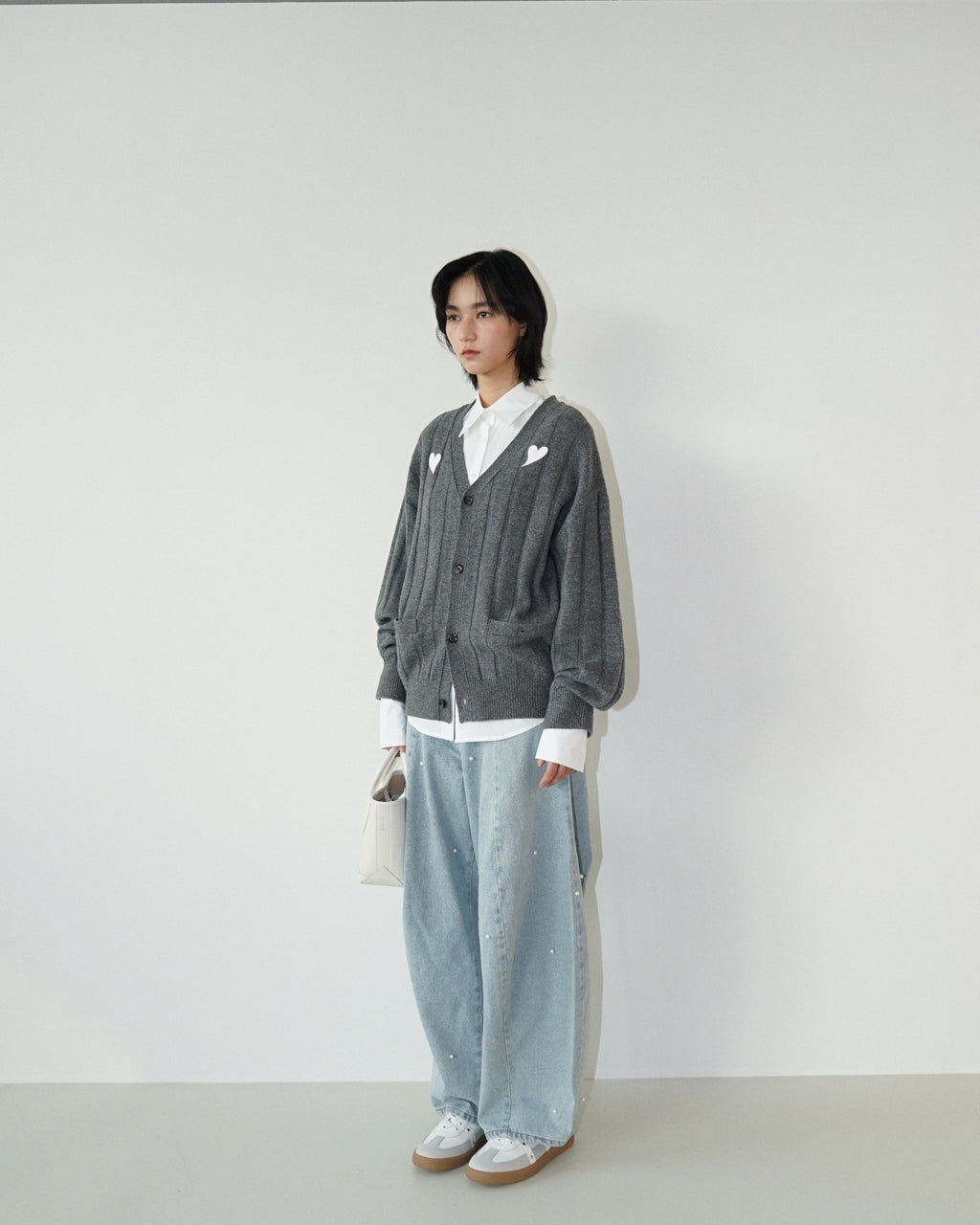 Kimhe Kim - Heart Patch V-Neck Cardigan (Melange Dark Grey) product image 2 | TRAB K-Fashion Australia