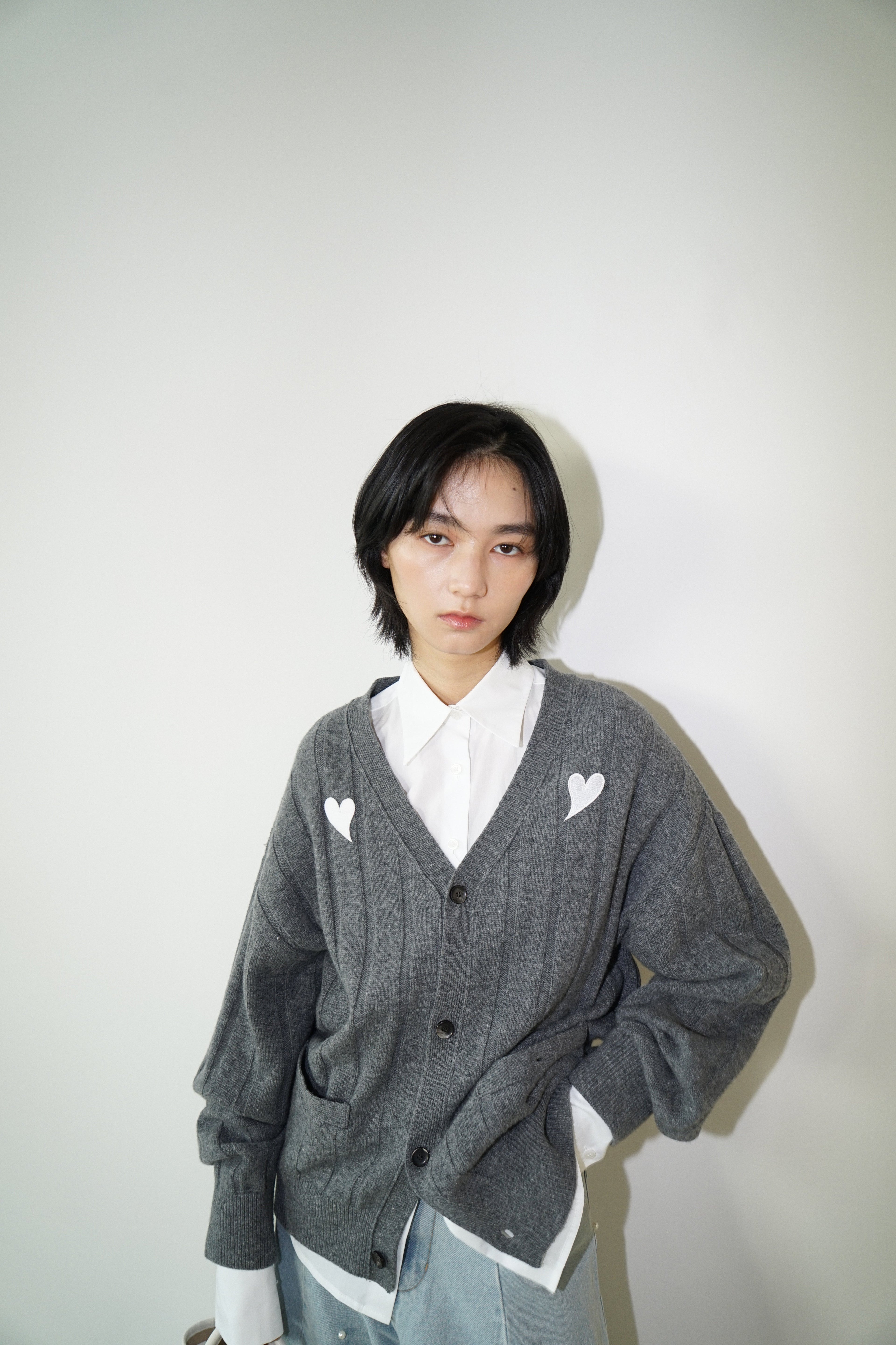 Kimhe Kim - Heart Patch V-Neck Cardigan (Melange Dark Grey) product image 6 | TRAB K-Fashion Australia