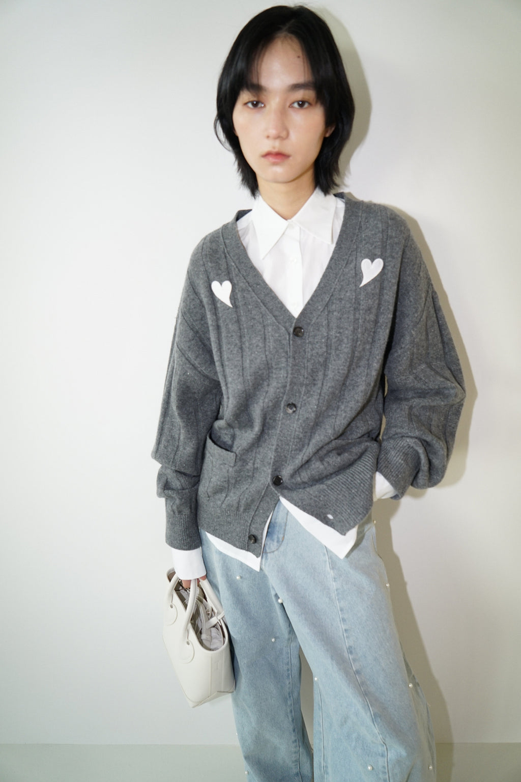 Kimhe Kim - Heart Patch V-Neck Cardigan (Melange Dark Grey) product image 7 | TRAB K-Fashion Australia