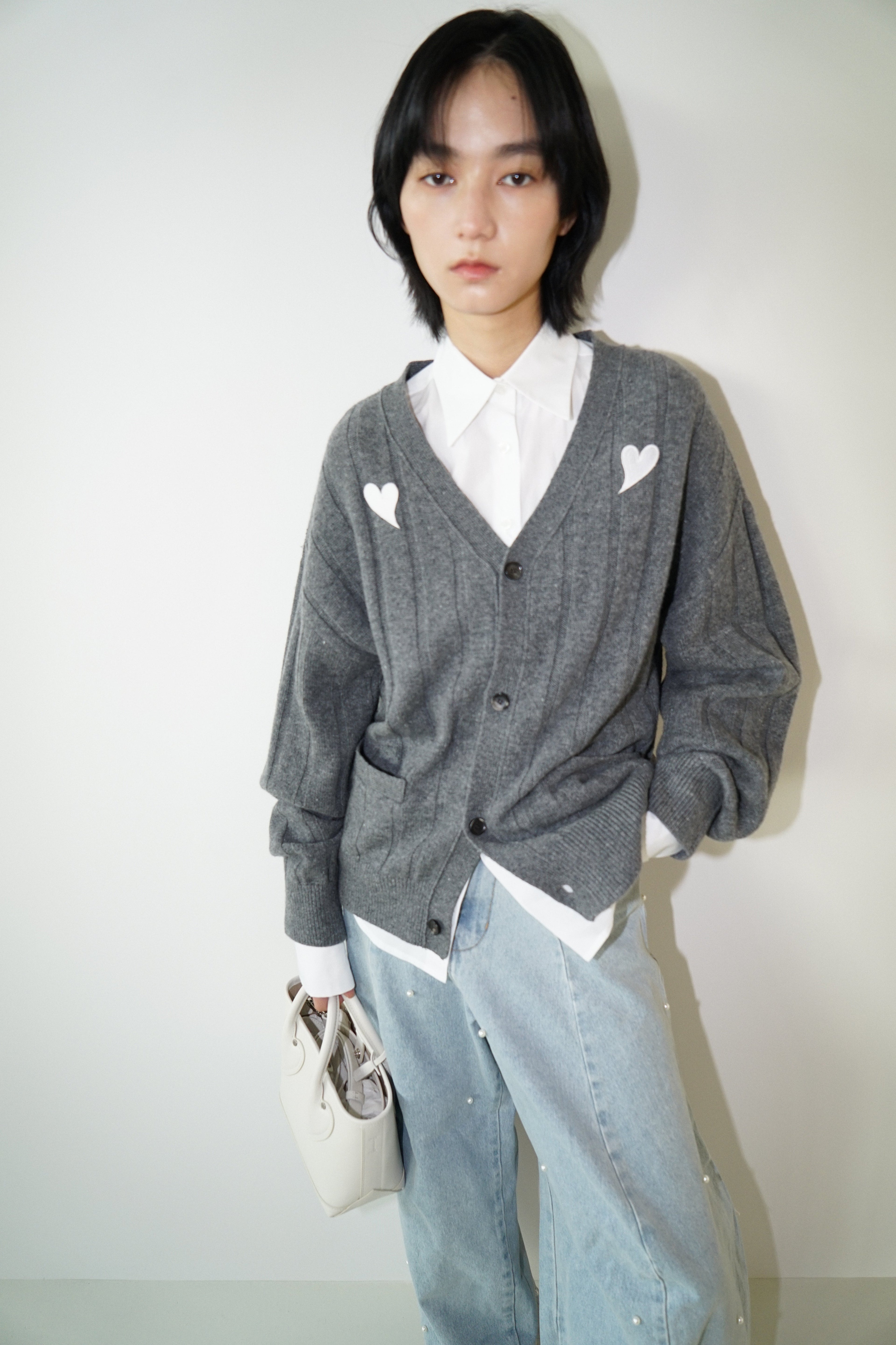 Kimhe Kim - Heart Patch V-Neck Cardigan (Melange Dark Grey) product image 7 | TRAB K-Fashion Australia