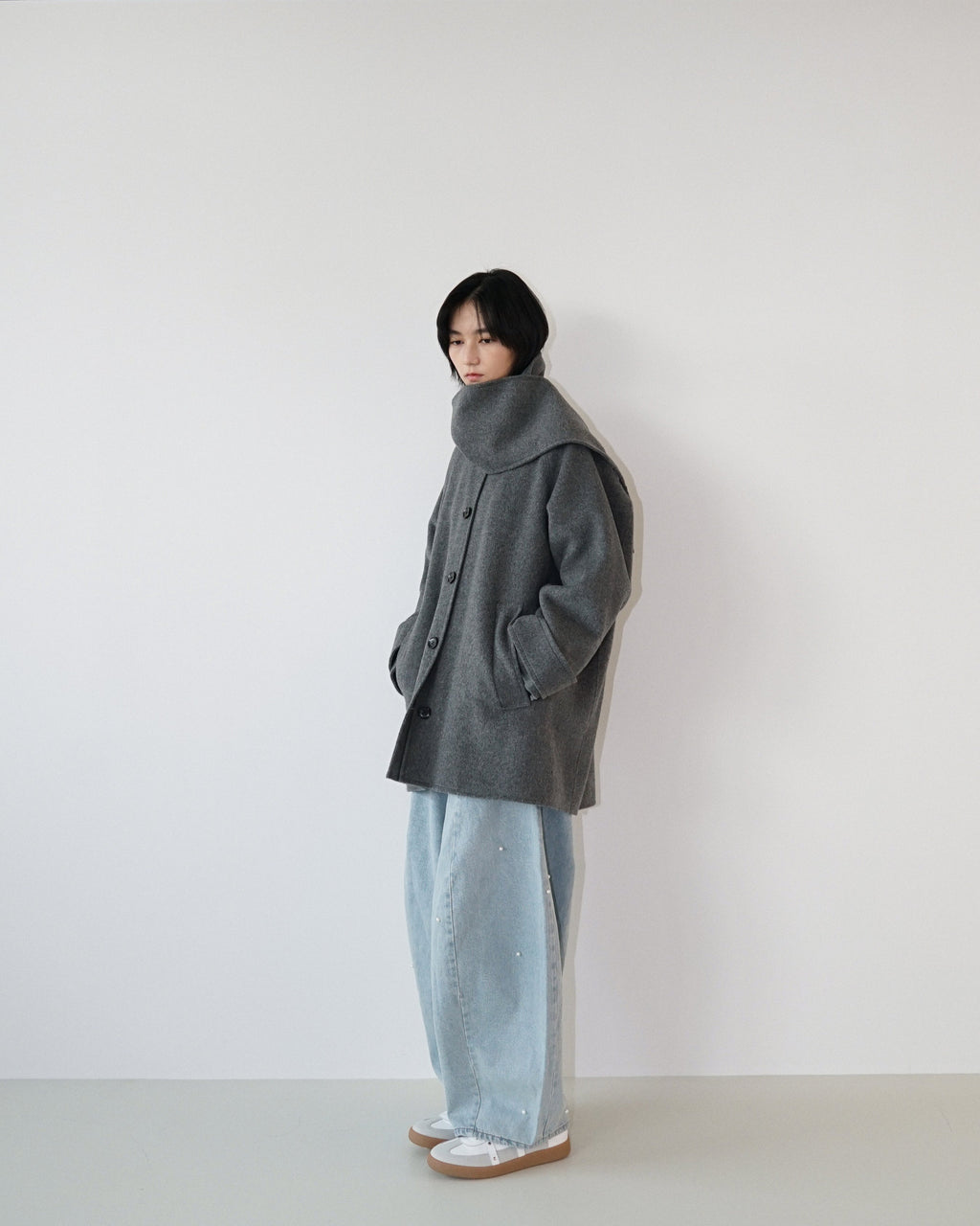 Kimhe Kim - Scarf Detail Half Coat (Charcoal) product image 4 | TRAB K-Fashion Australia