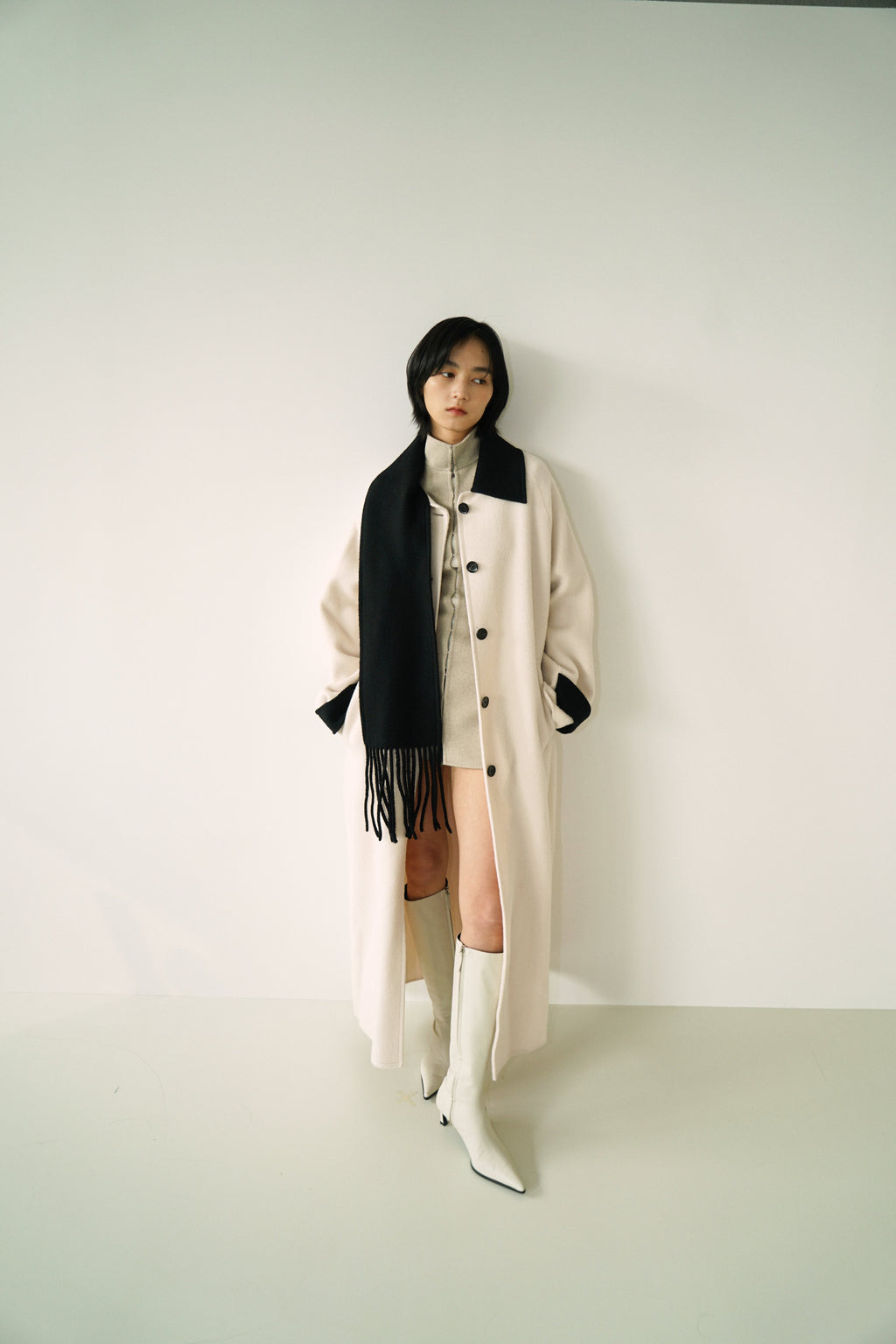 Kimhe Kim - Bi-Color Alpaca Blend Fringe Scarf Long Coat (Ivory/Black) product image 5 | TRAB K-Fashion Australia