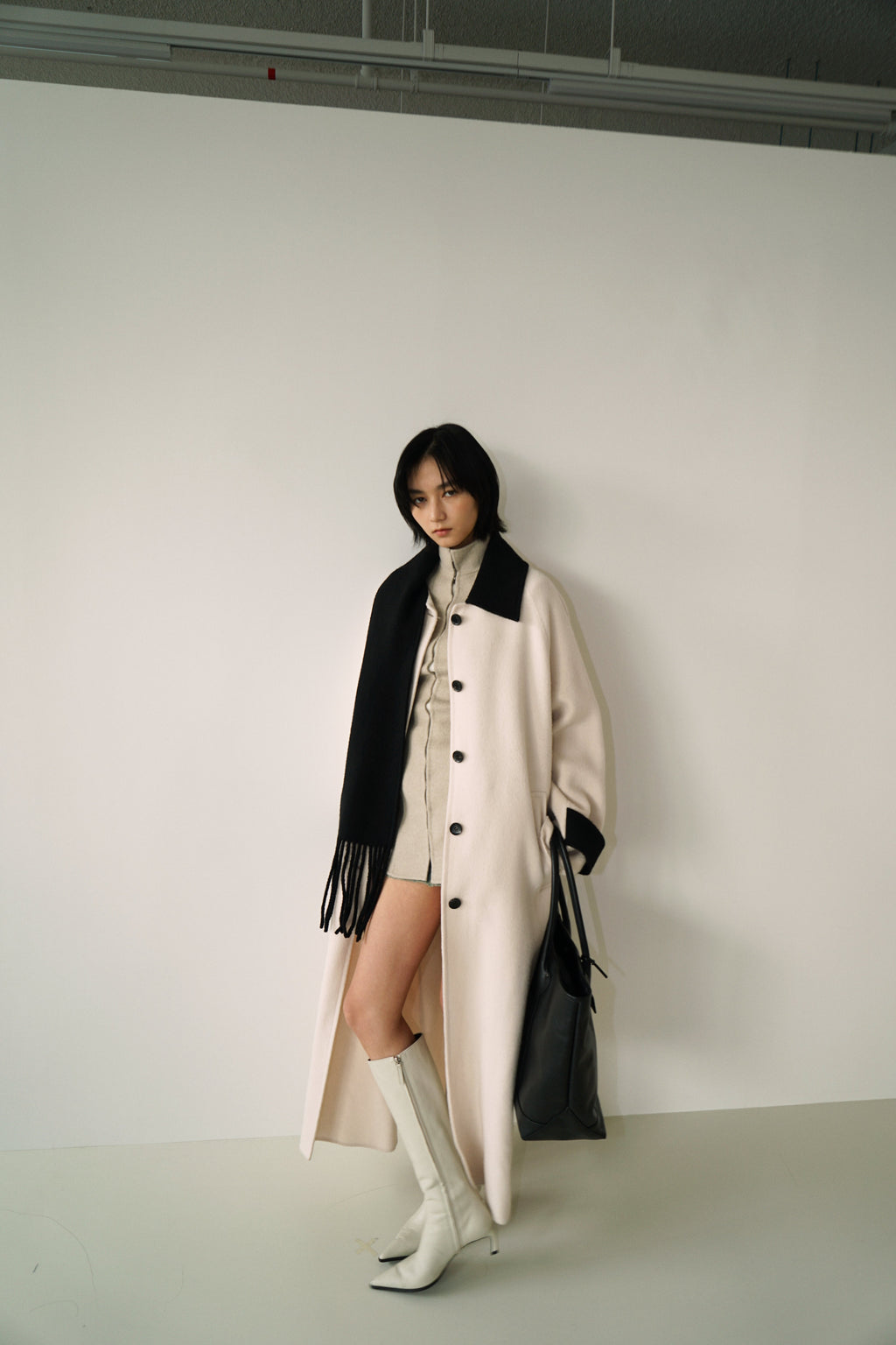 Kimhe Kim - Bi-Color Alpaca Blend Fringe Scarf Long Coat (Ivory/Black) product image 6 | TRAB K-Fashion Australia