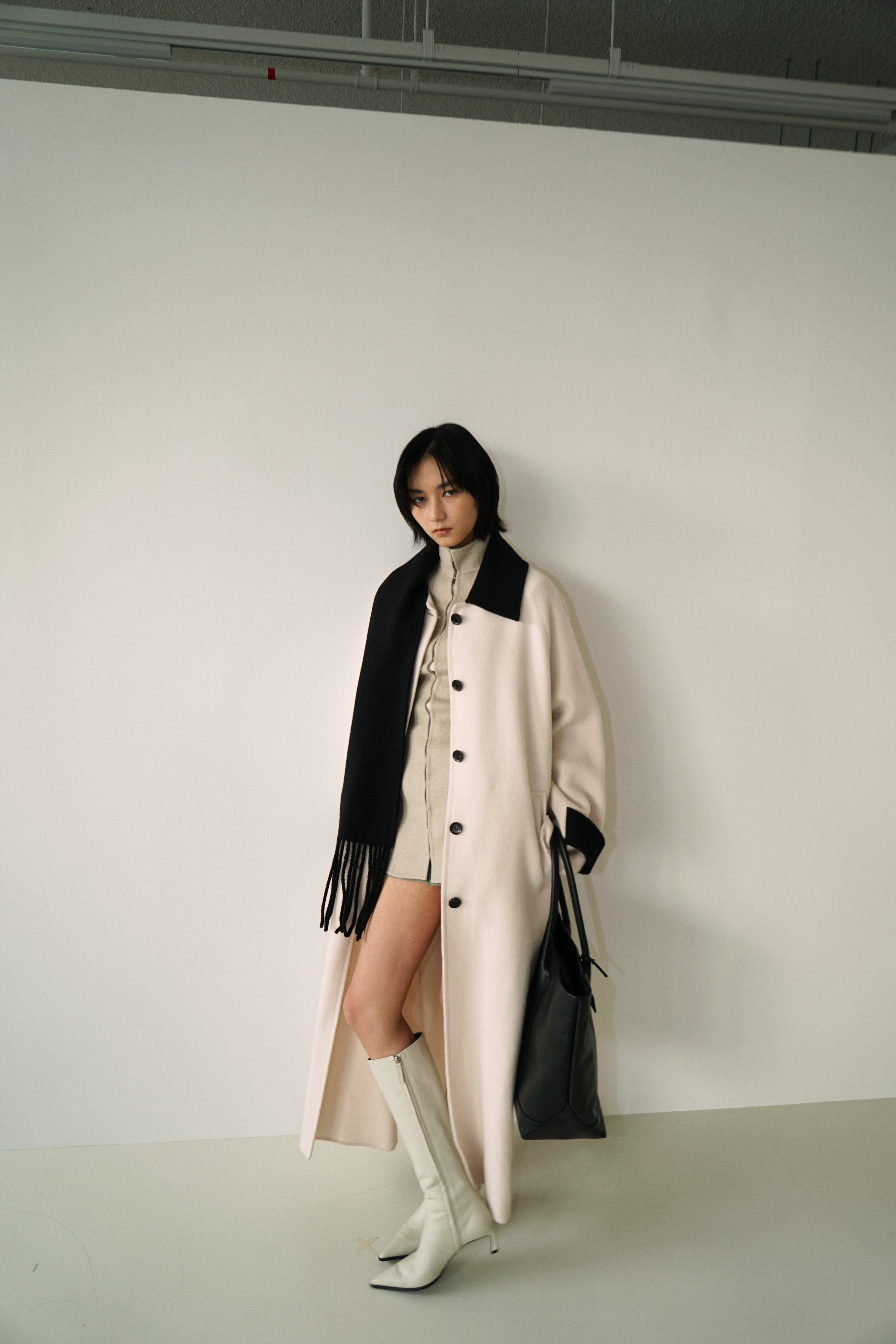 Kimhe Kim - Bi-Color Alpaca Blend Fringe Scarf Long Coat (Ivory/Black) product image 6 | TRAB K-Fashion Australia
