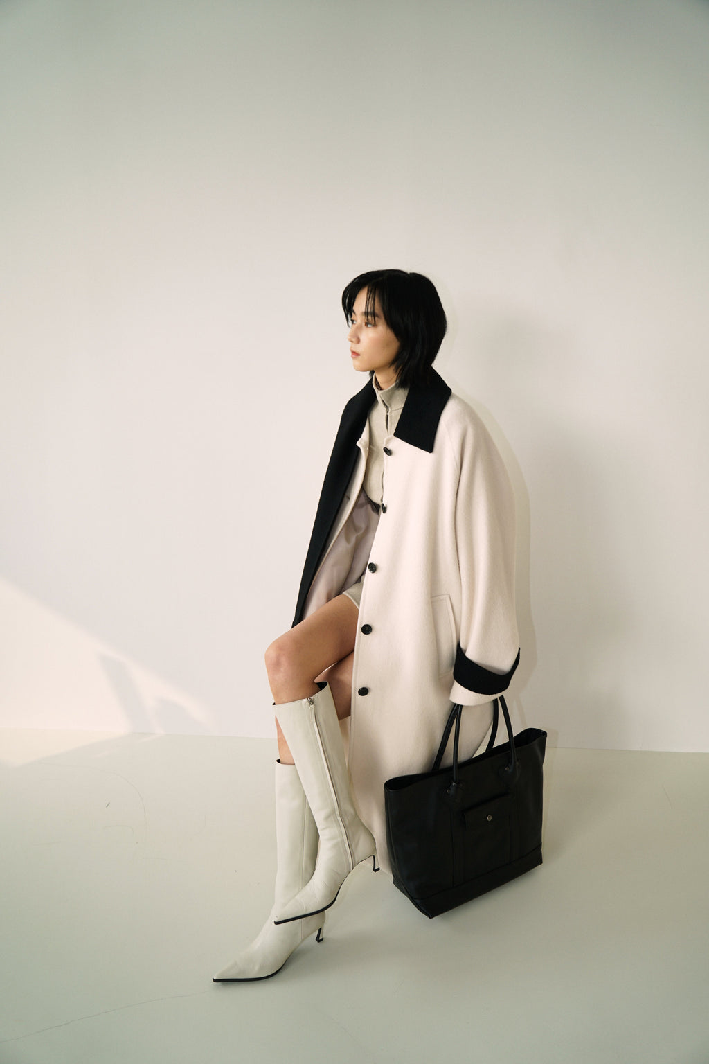 Kimhe Kim - Bi-Color Alpaca Blend Fringe Scarf Long Coat (Ivory/Black) product image 7 | TRAB K-Fashion Australia