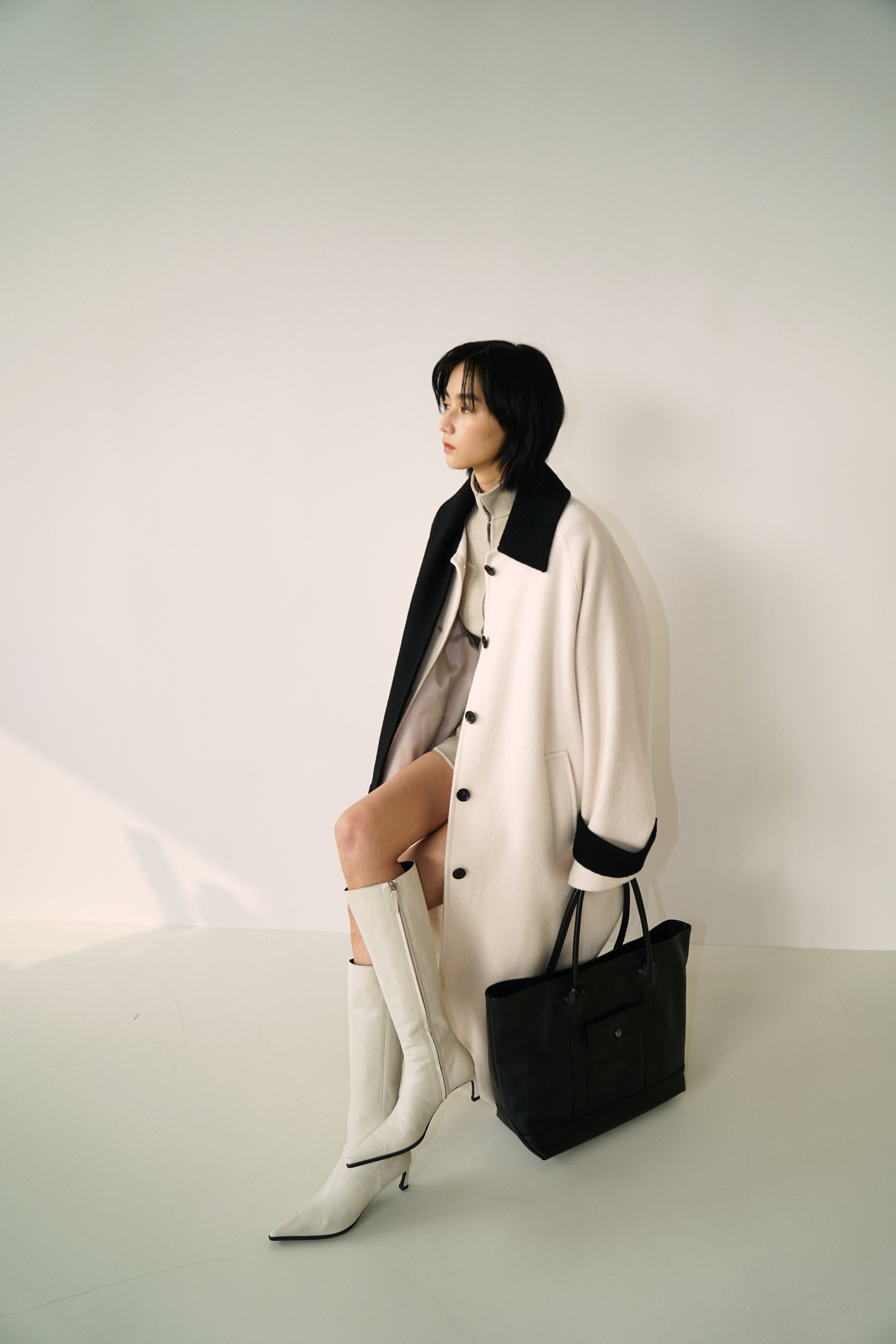 Kimhe Kim - Bi-Color Alpaca Blend Fringe Scarf Long Coat (Ivory/Black) product image 7 | TRAB K-Fashion Australia