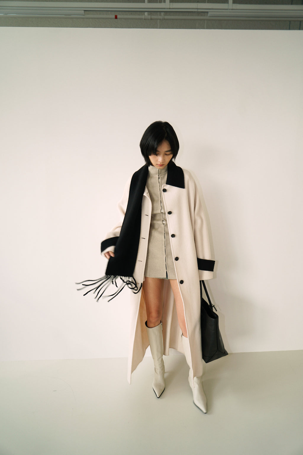 Kimhe Kim - Bi-Color Alpaca Blend Fringe Scarf Long Coat (Ivory/Black) product image 8 | TRAB K-Fashion Australia