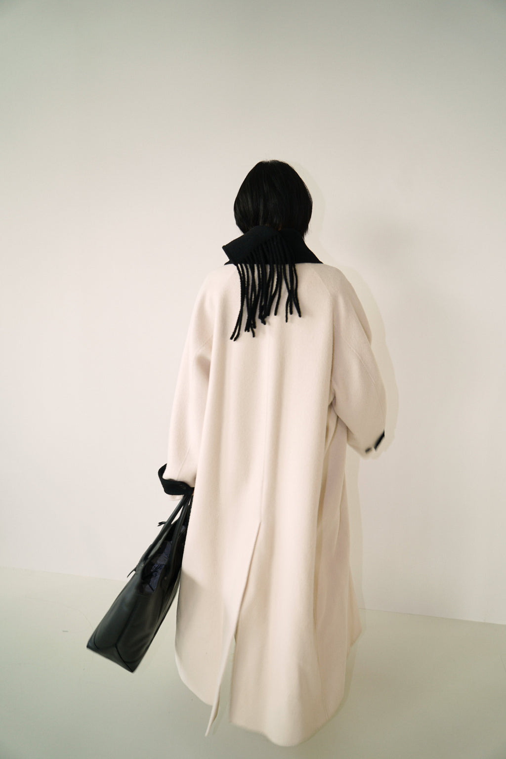 Kimhe Kim - Bi-Color Alpaca Blend Fringe Scarf Long Coat (Ivory/Black) product image 9 | TRAB K-Fashion Australia