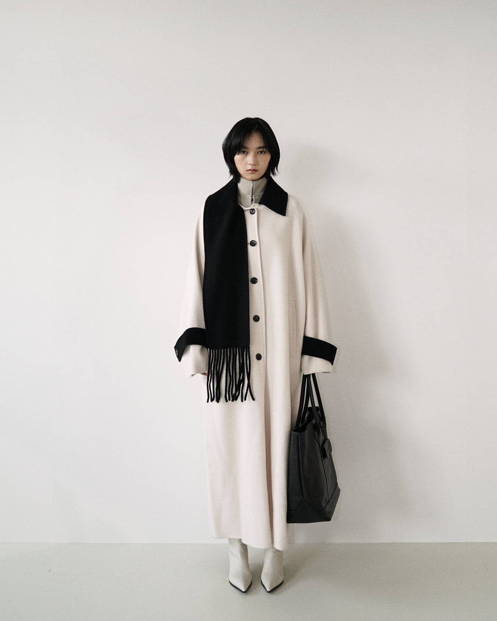 Kimhe Kim - Bi-Color Alpaca Blend Fringe Scarf Long Coat (Ivory/Black) product image 1 | TRAB K-Fashion Australia
