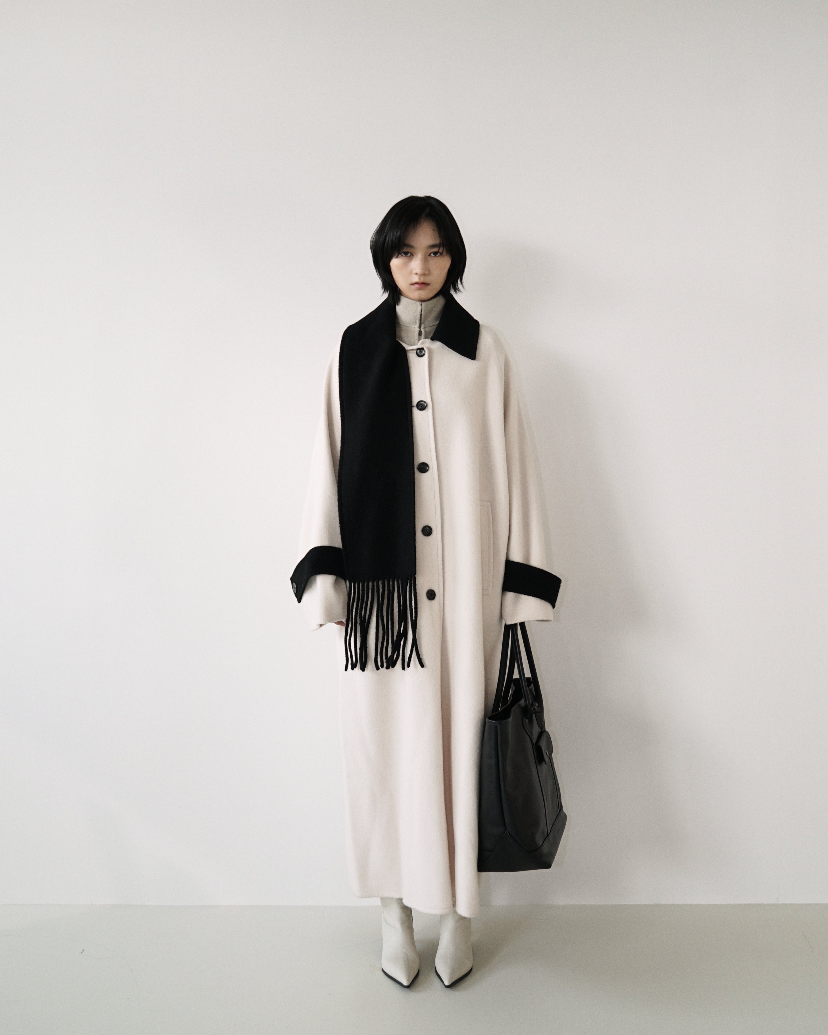 Kimhe Kim - Bi-Color Alpaca Blend Fringe Scarf Long Coat (Ivory/Black) product image 1 | TRAB K-Fashion Australia