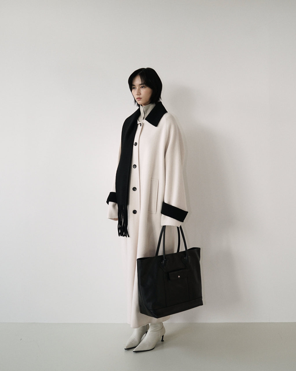 Kimhe Kim - Bi-Color Alpaca Blend Fringe Scarf Long Coat (Ivory/Black) product image 2 | TRAB K-Fashion Australia
