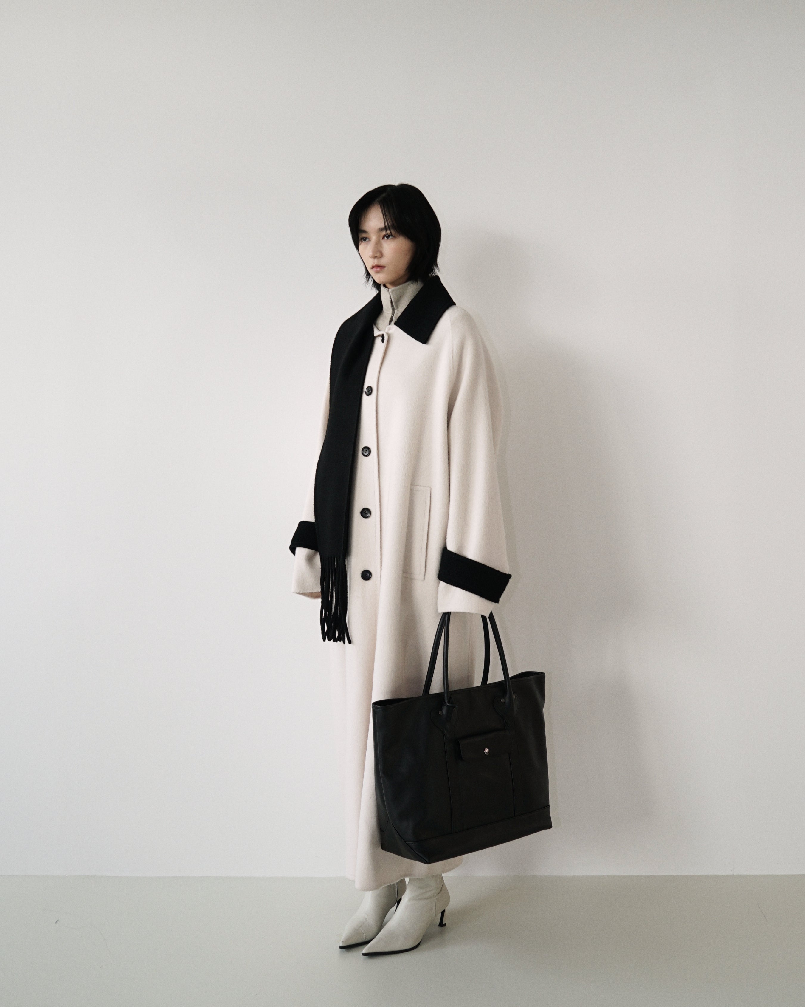 Kimhe Kim - Bi-Color Alpaca Blend Fringe Scarf Long Coat (Ivory/Black) product image 2 | TRAB K-Fashion Australia